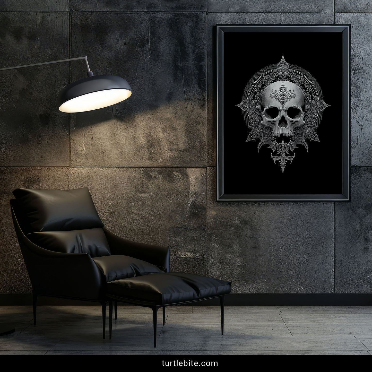 Dark art skull illustration with intricate baroque ornamentation and radiating pointed elements
