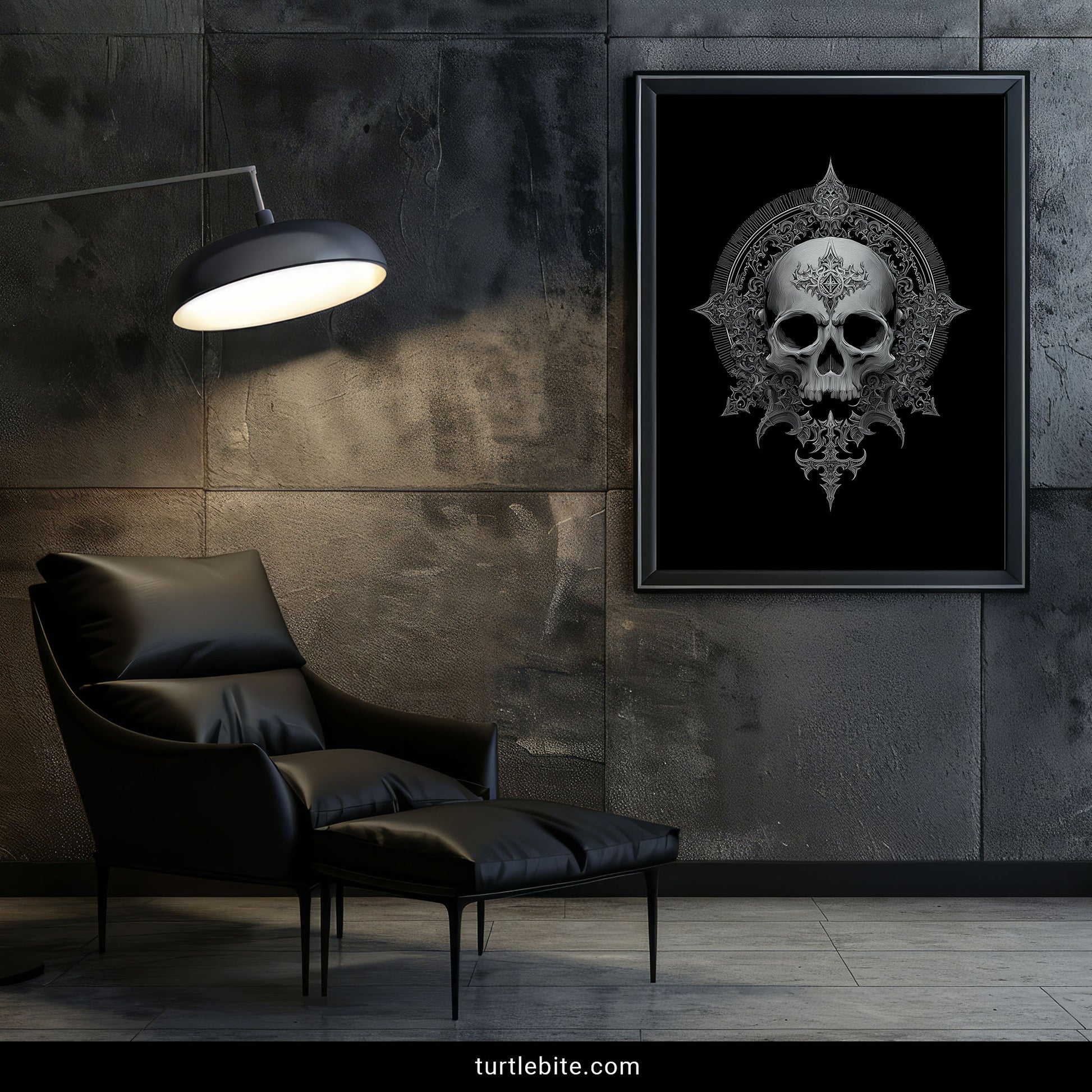 Dark art skull illustration with intricate baroque ornamentation and radiating pointed elements
