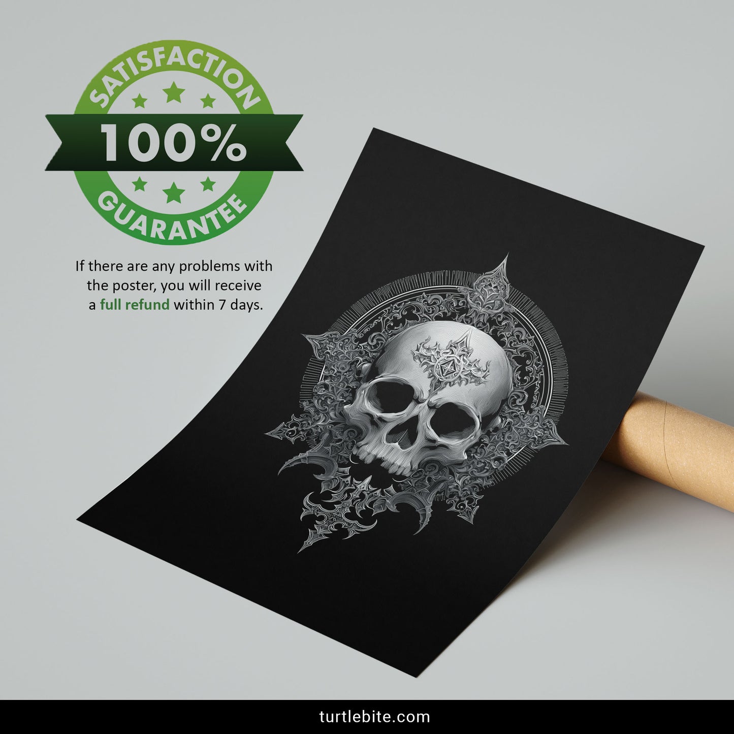 Black and white baroque skull print with detailed engraving style and ornamental border