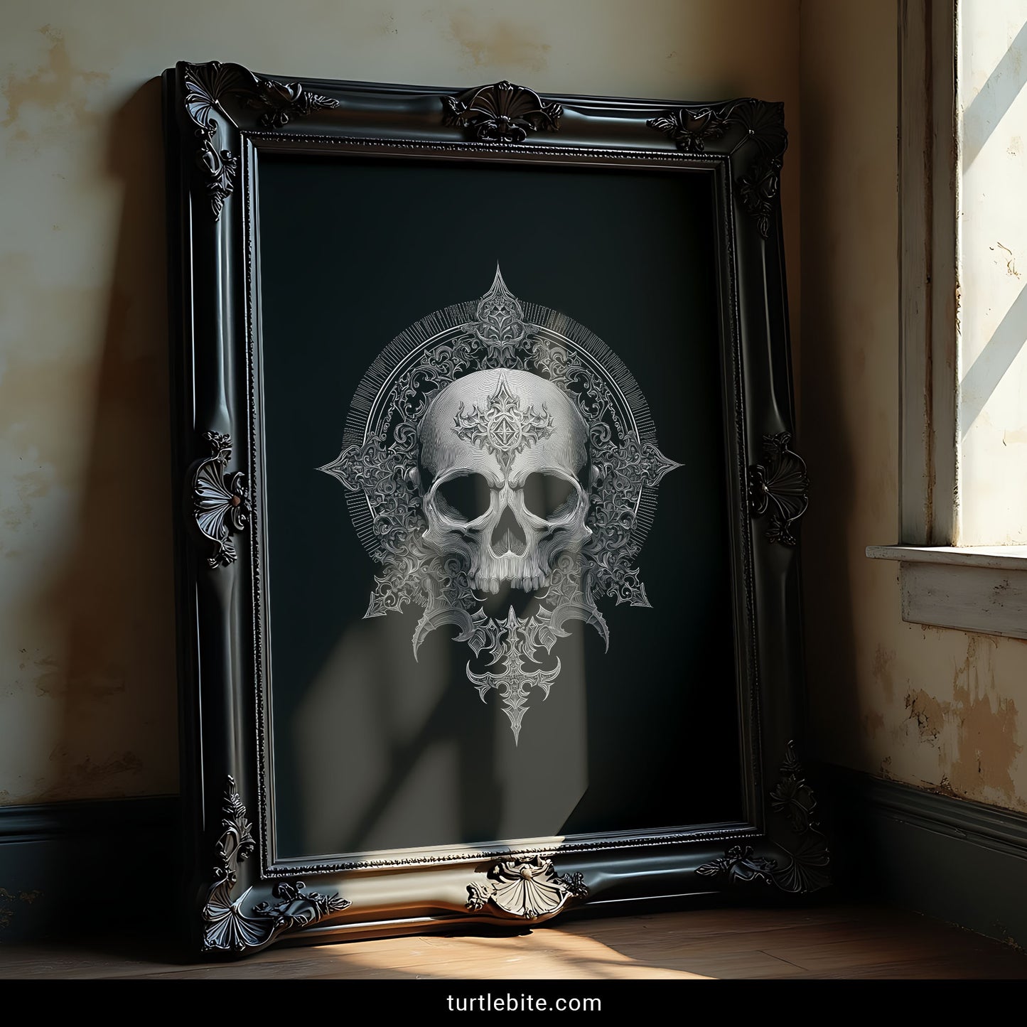 Gothic skull poster featuring elaborate mandala-style frame with symmetrical decorative elements