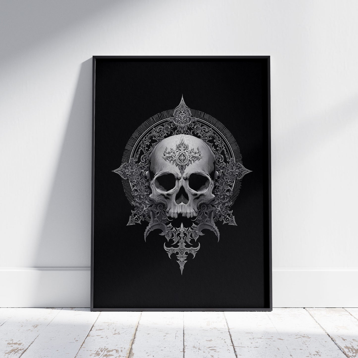 Ornate memento mori skull art with baroque flourishes and intricate line work on black background