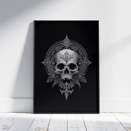 Ornate memento mori skull art with baroque flourishes and intricate line work on black background