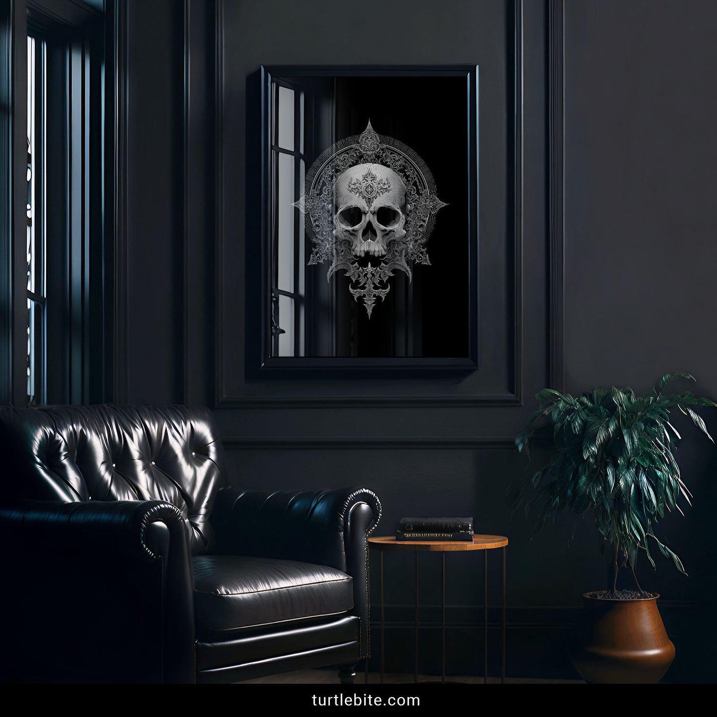 Macabre wall art showing memento mori skull surrounded by flowing gothic decorative patterns