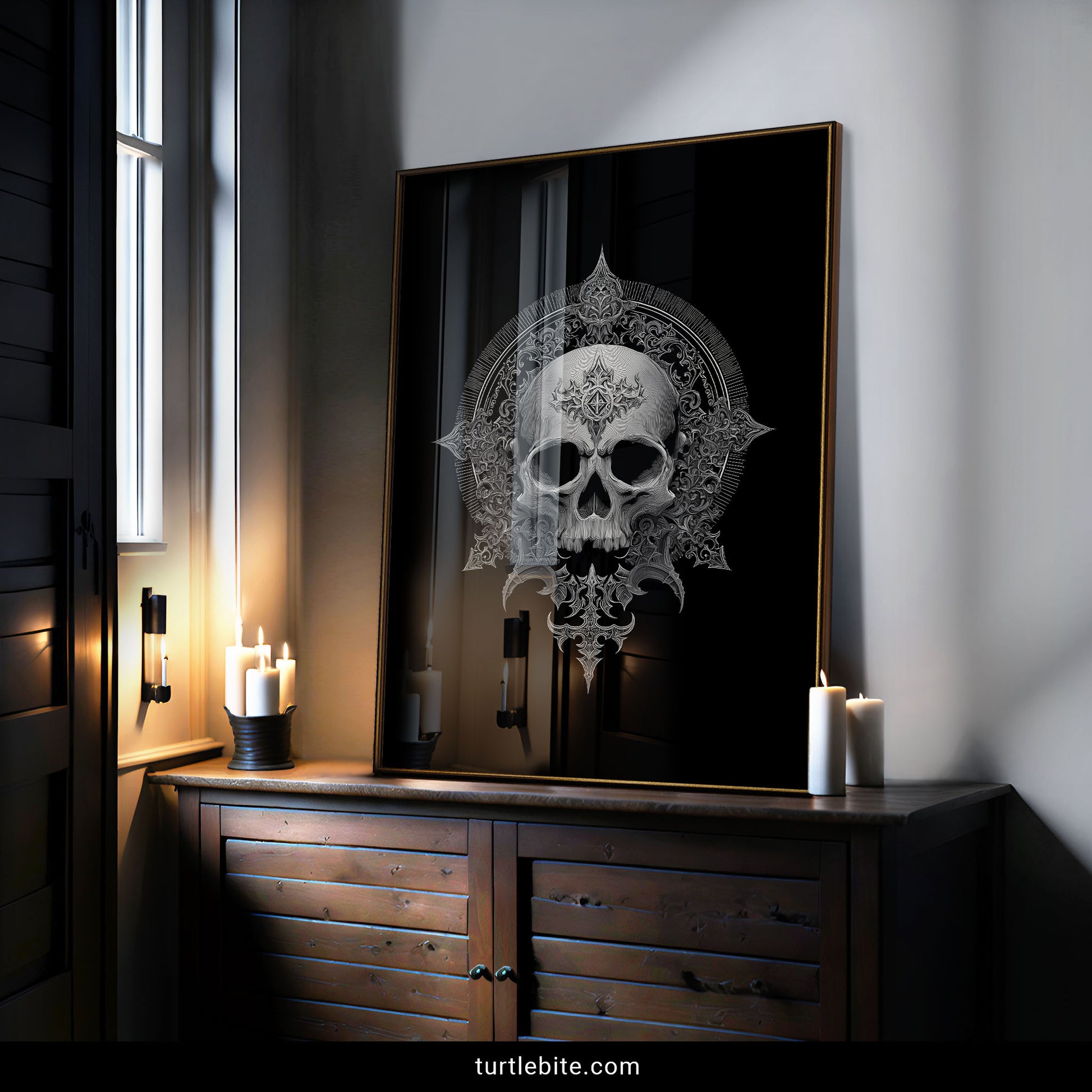 Dark art skull illustration with intricate baroque ornamentation and radiating pointed elements