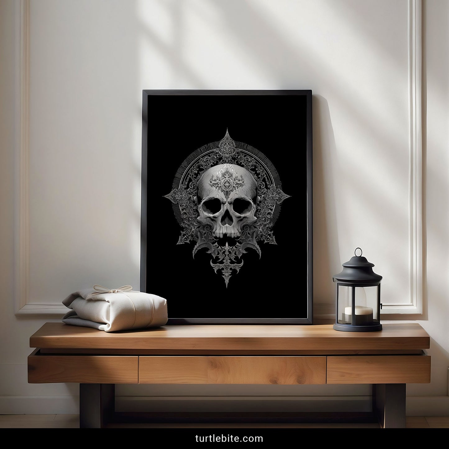 Gothic skull poster featuring elaborate mandala-style frame with symmetrical decorative elements