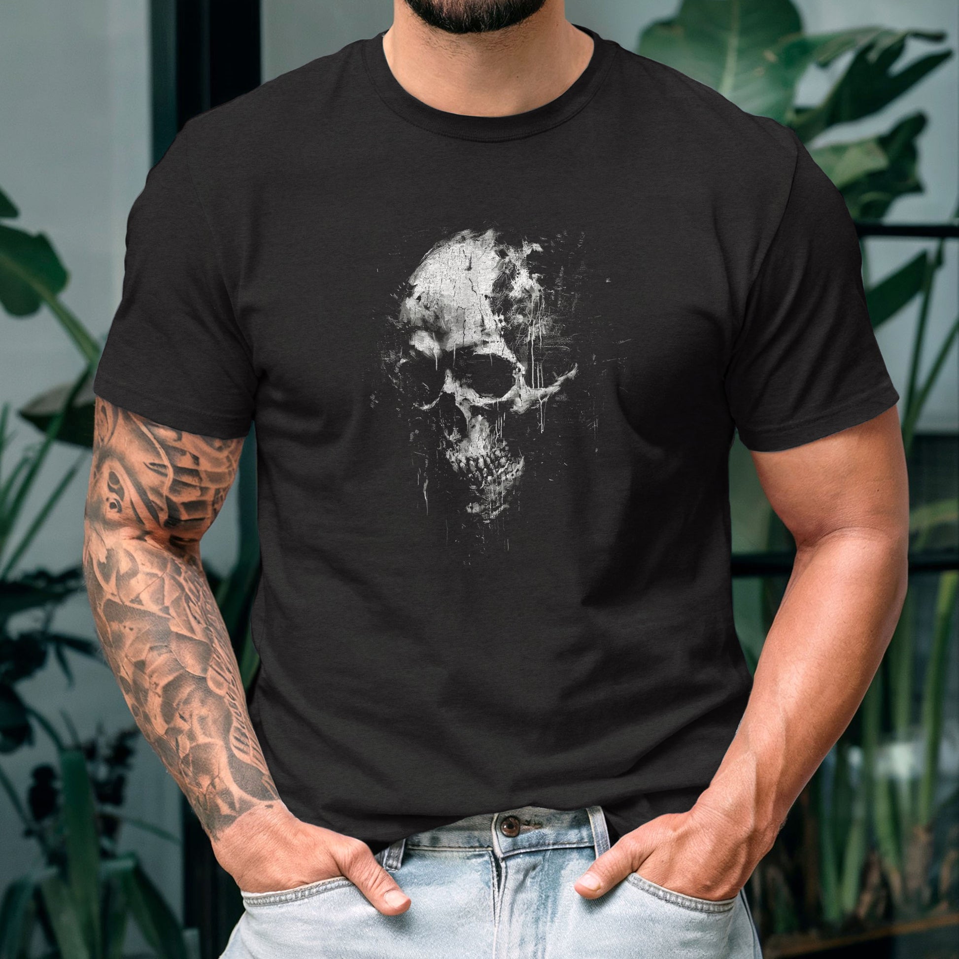 Gothic skull tee with cracked texture and dripping paint dark aesthetic