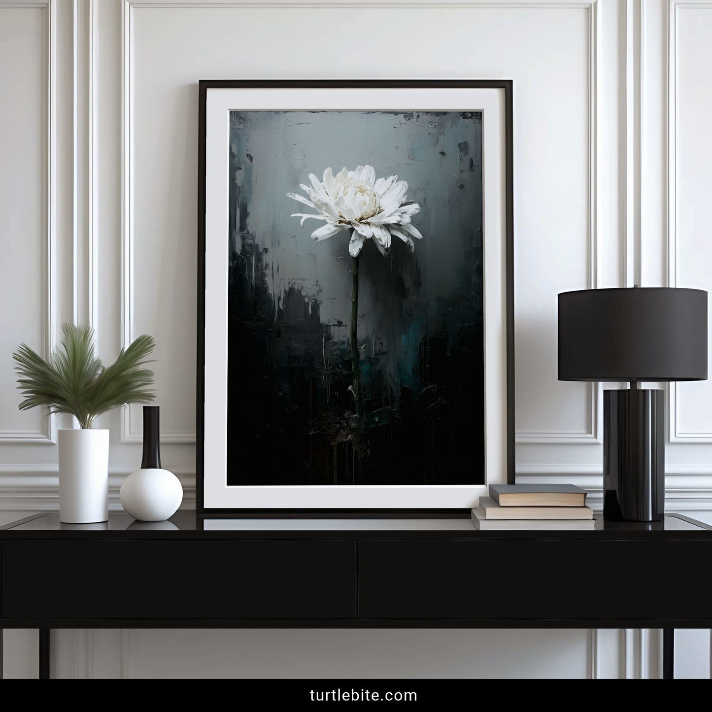 Atmospheric white flower painting on dark background gothic wall art