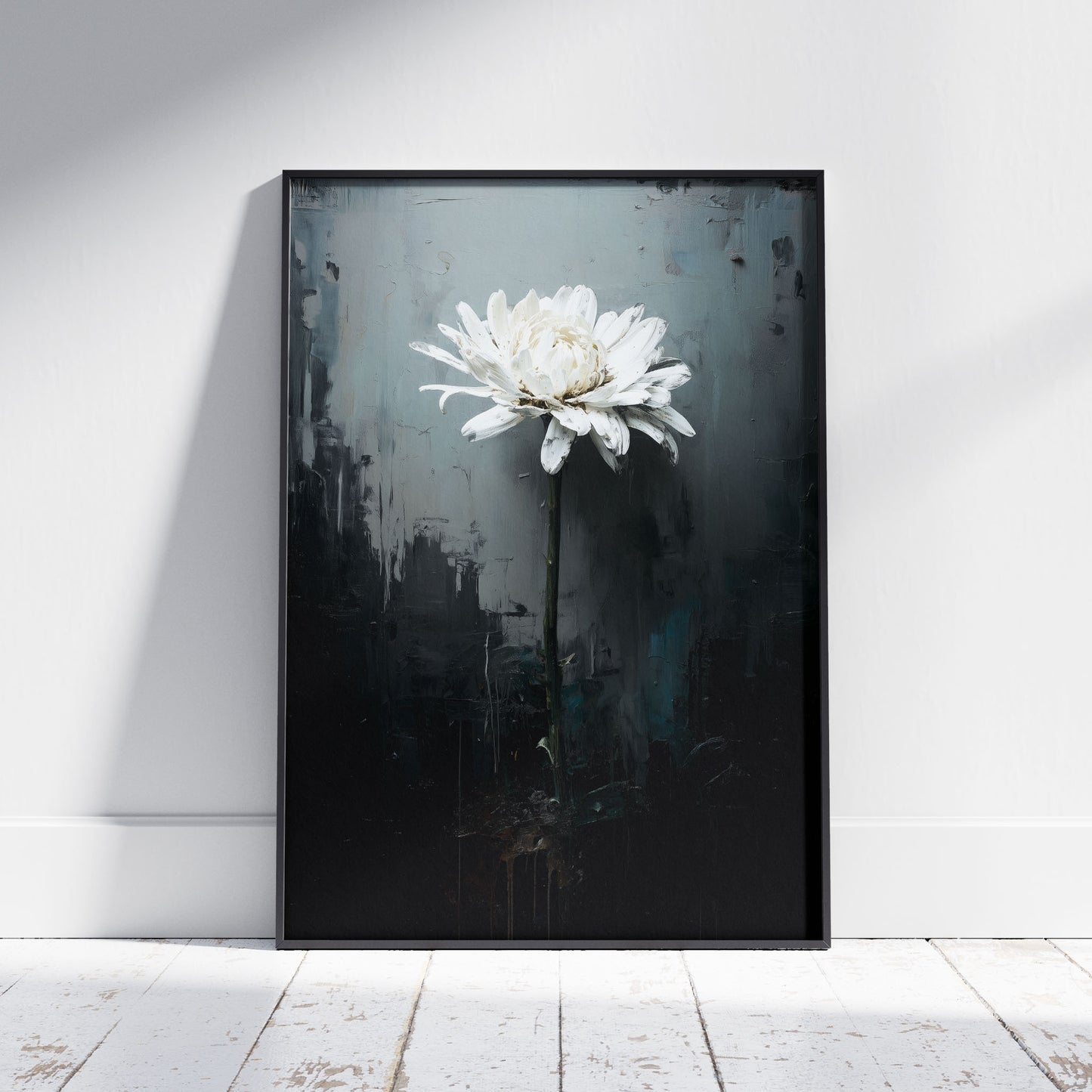White flower emerging from dark moody background minimalist botanical art print