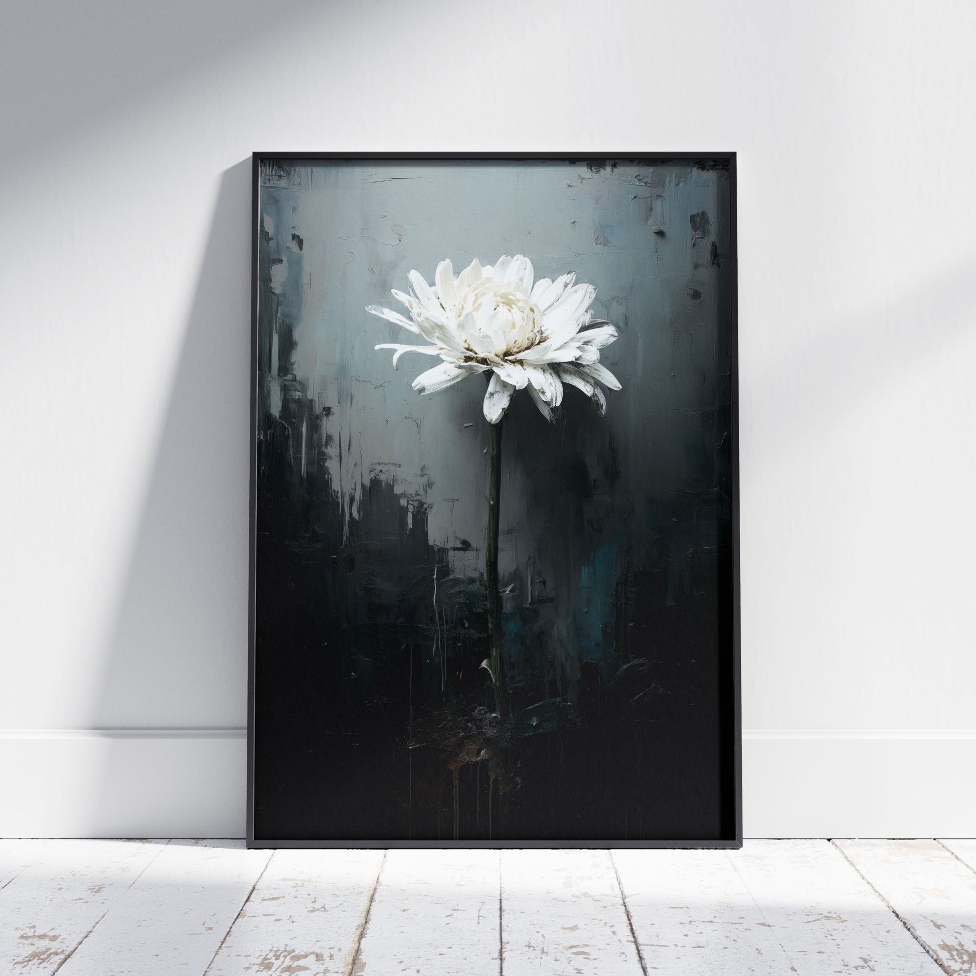 White flower emerging from dark moody background minimalist botanical art print