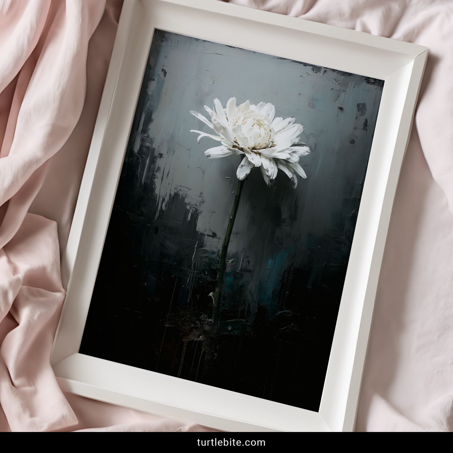 Dark academia botanical poster featuring solitary white flower in darkness