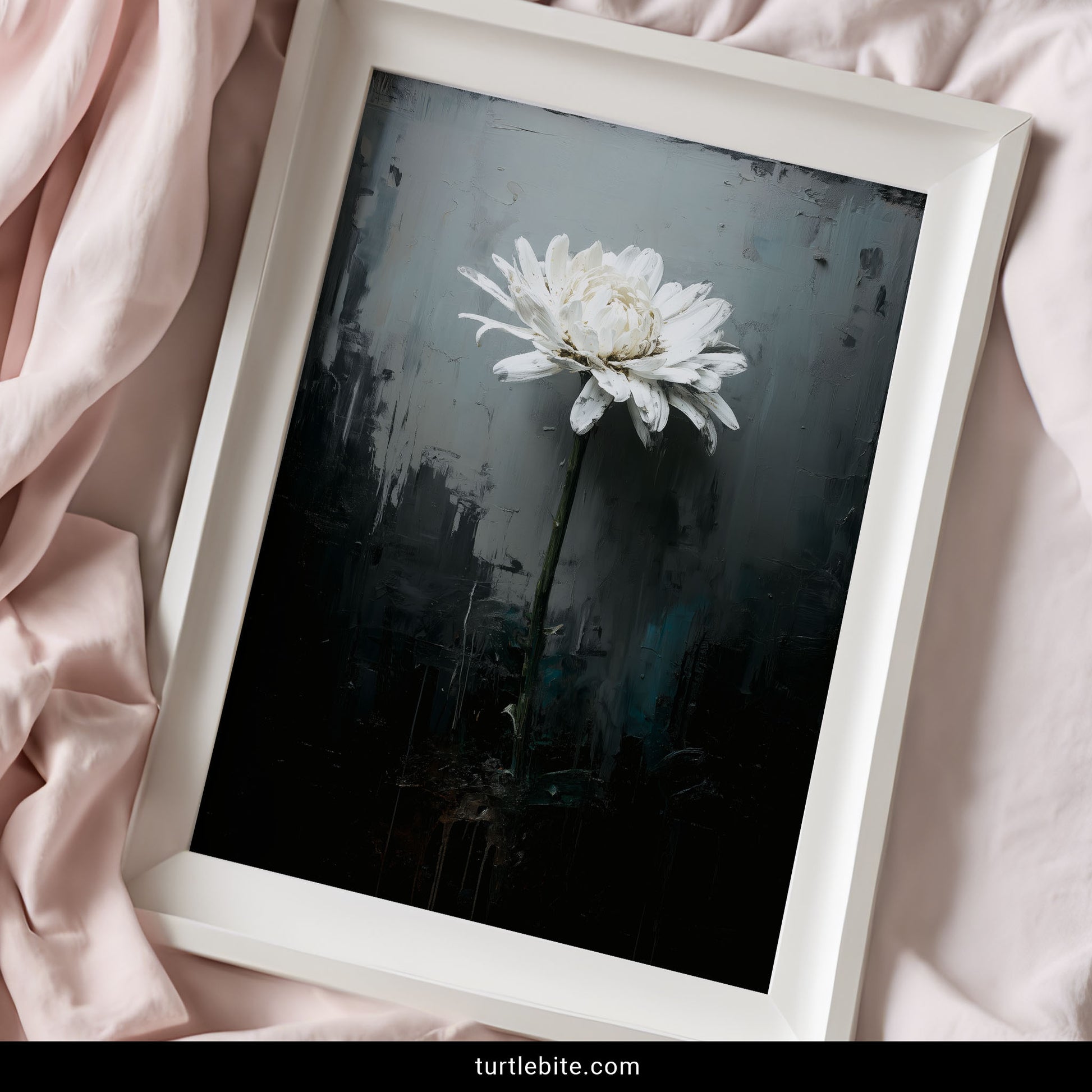 Dark academia botanical poster featuring solitary white flower in darkness