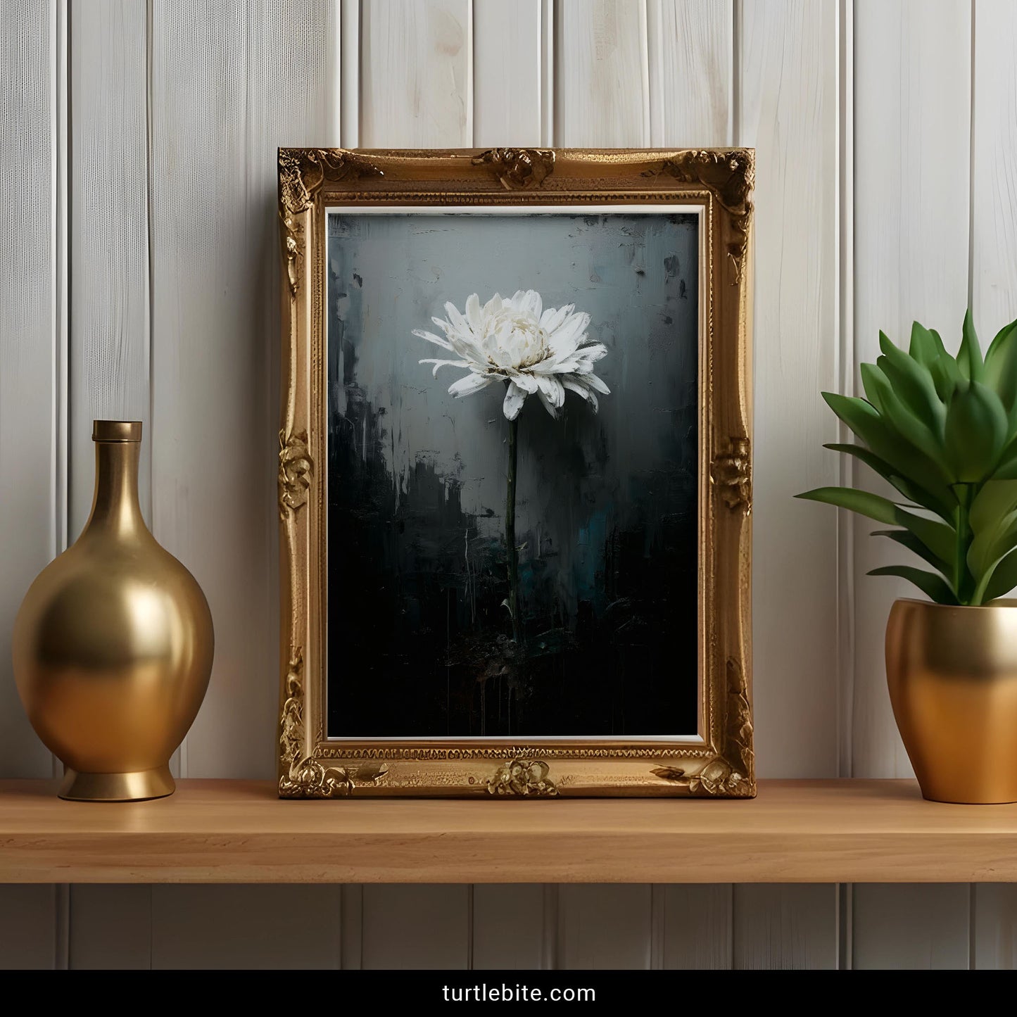 Gothic floral wall art with white bloom against textured shadows