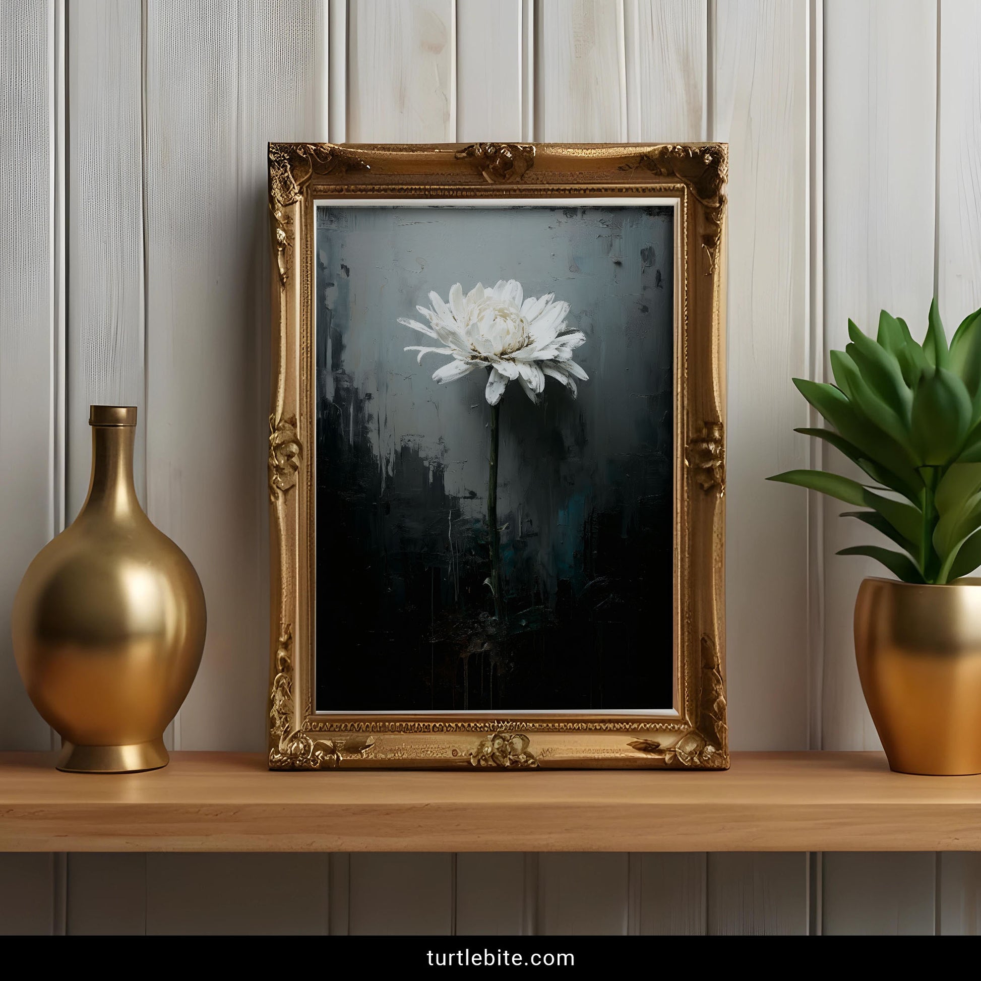 Gothic floral wall art with white bloom against textured shadows