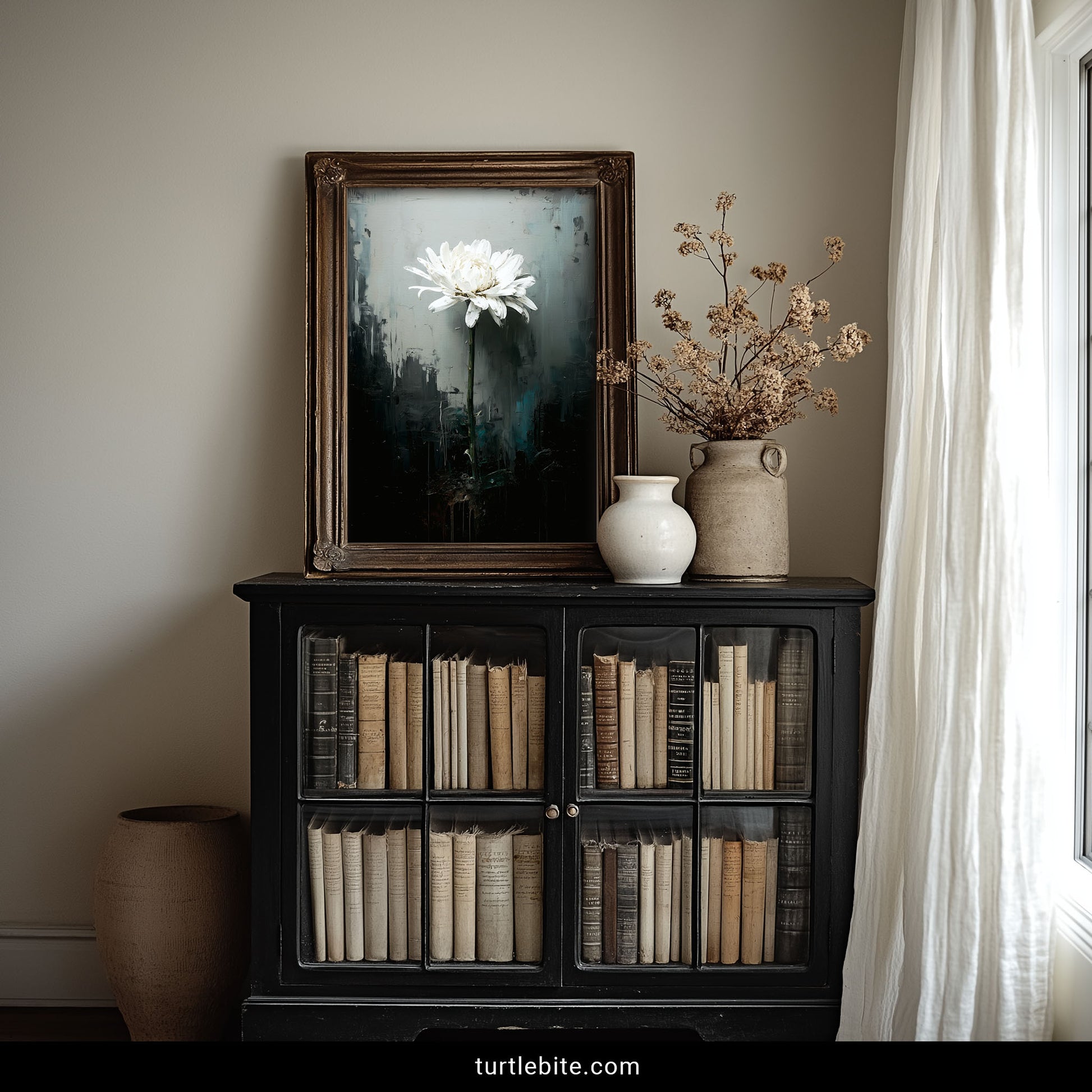 Atmospheric white flower painting on dark background gothic wall art