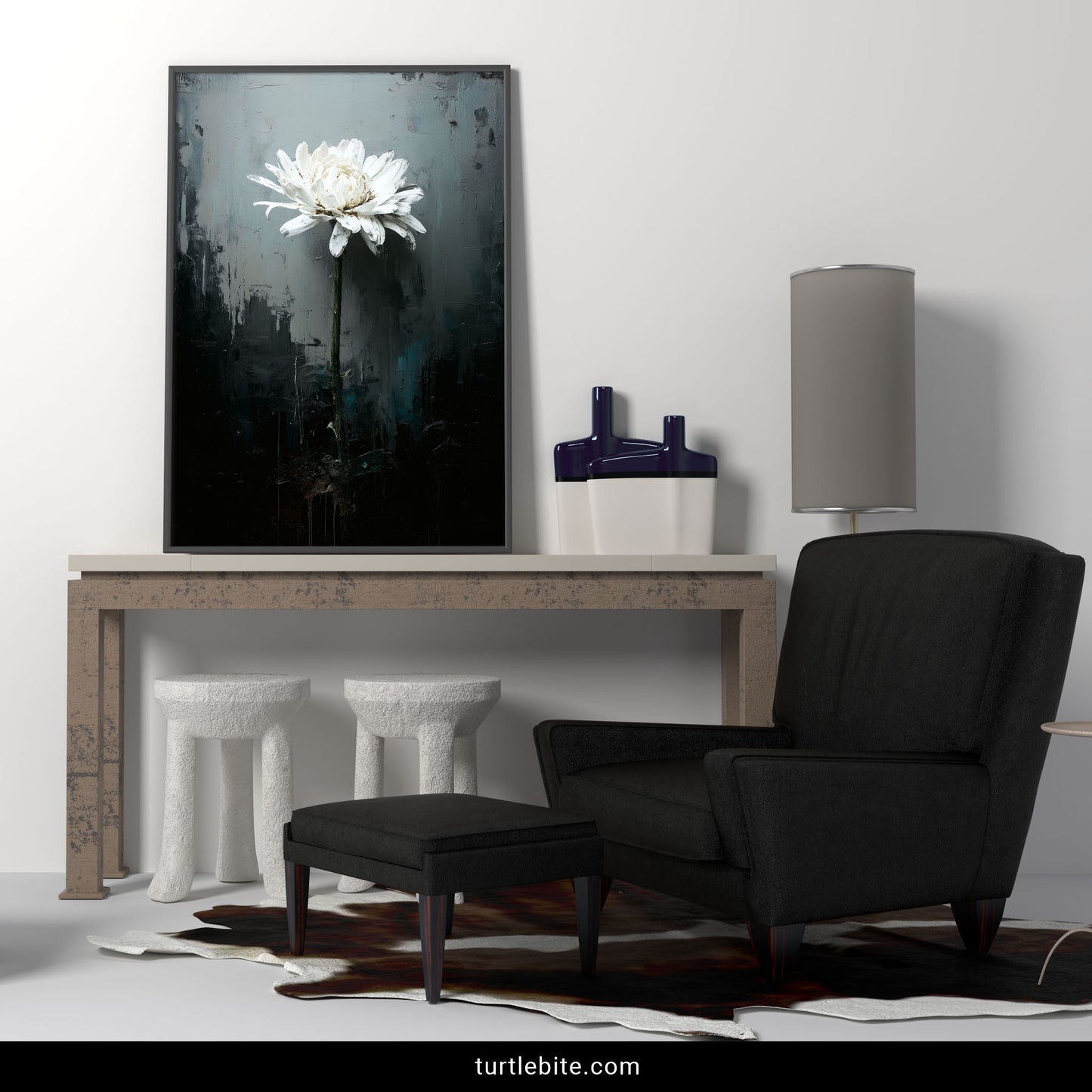 White flower emerging from dark moody background minimalist botanical art print