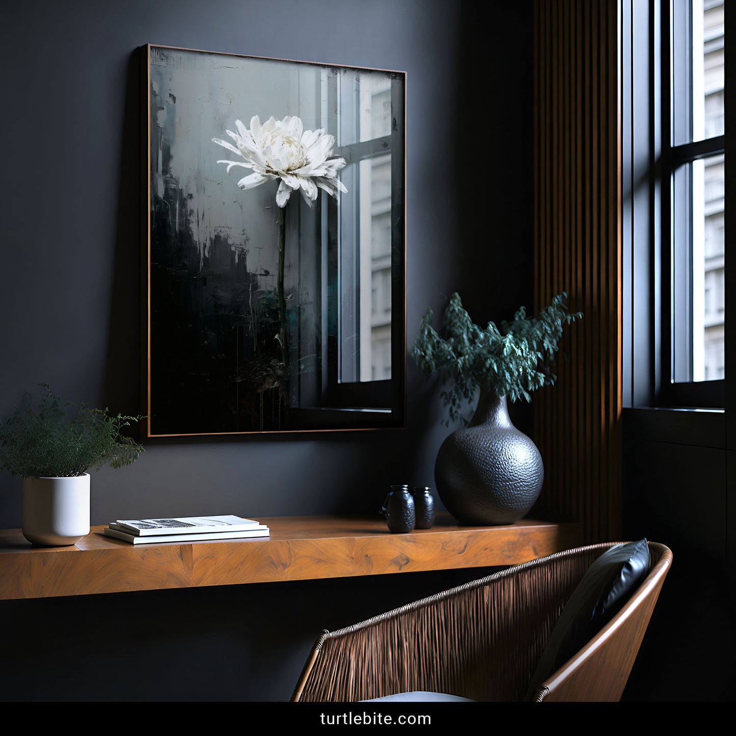 Gothic floral wall art with white bloom against textured shadows