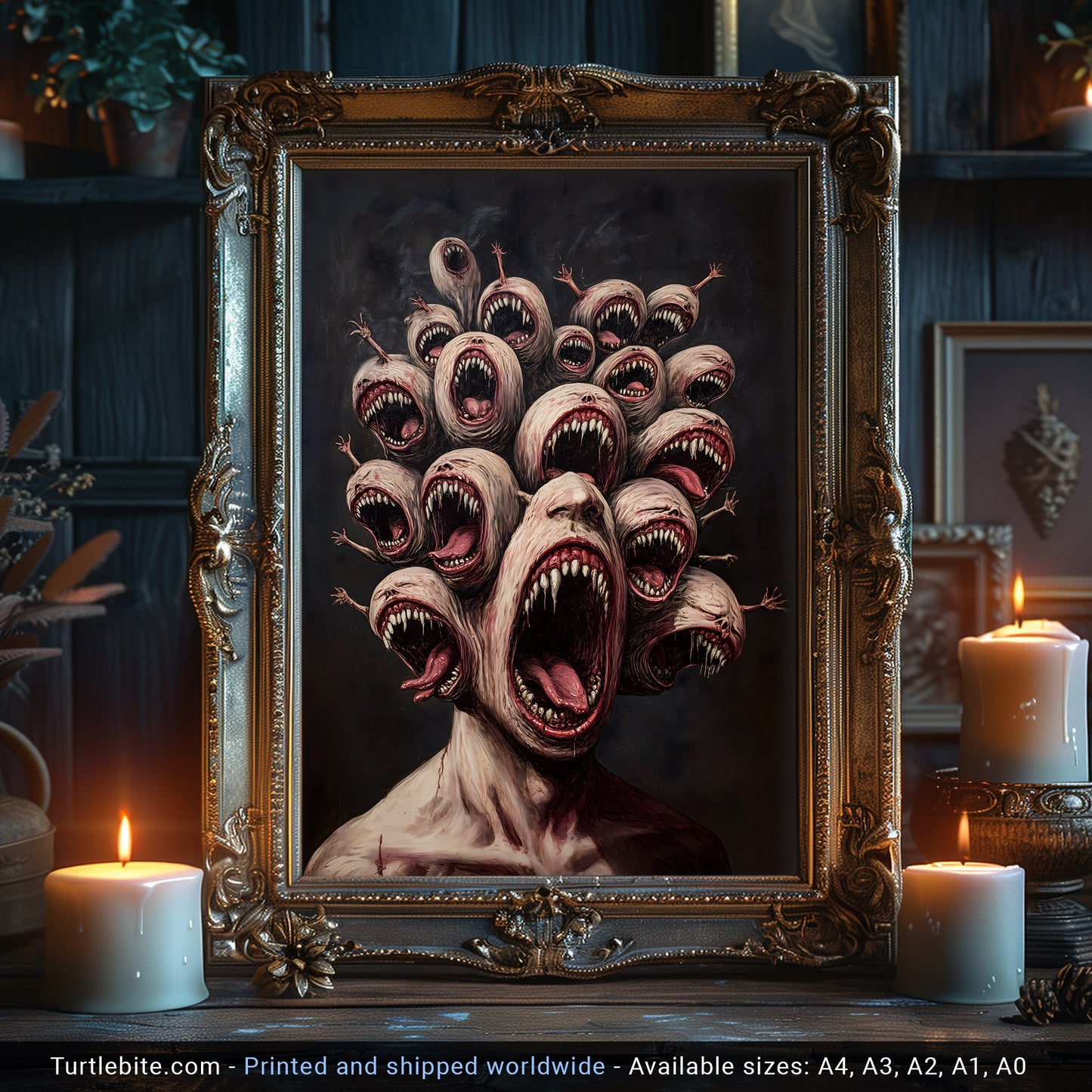 Moody Multi-Headed Monster Print - Creepy Dark Art Poster - Surreal Gory Wall Art