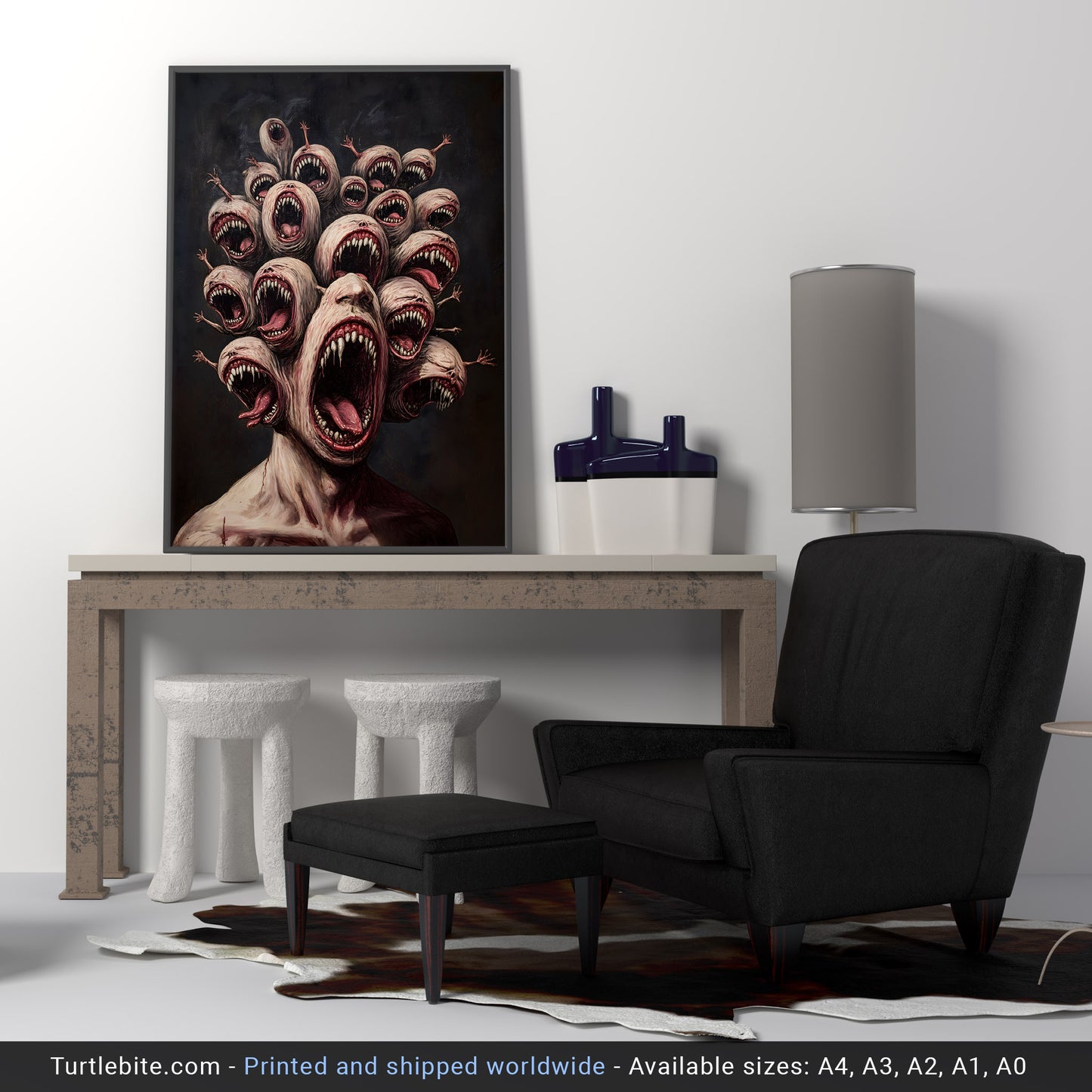 Moody Multi-Headed Monster Print - Creepy Dark Art Poster - Surreal Gory Wall Art