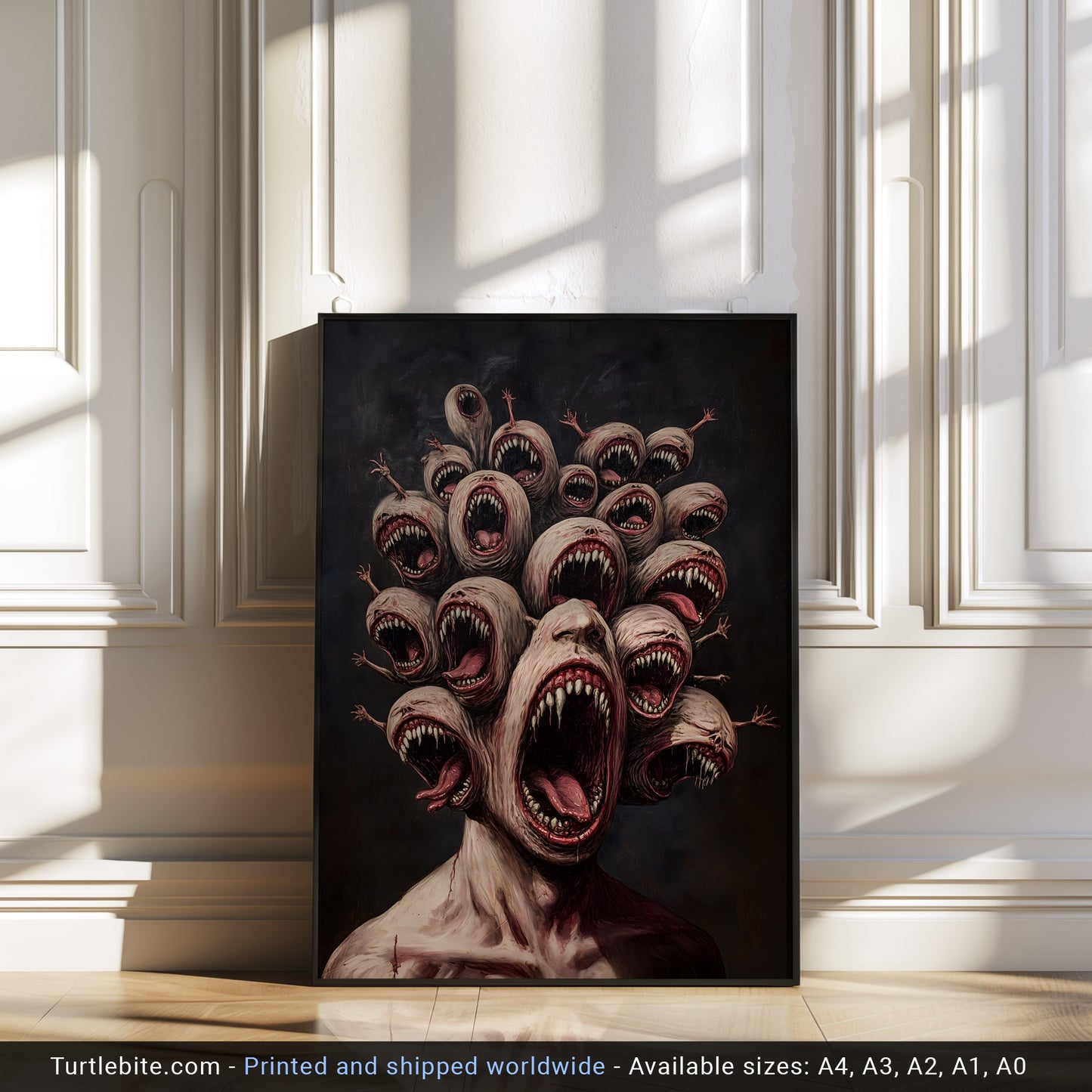 Moody Multi-Headed Monster Print - Creepy Dark Art Poster - Surreal Gory Wall Art