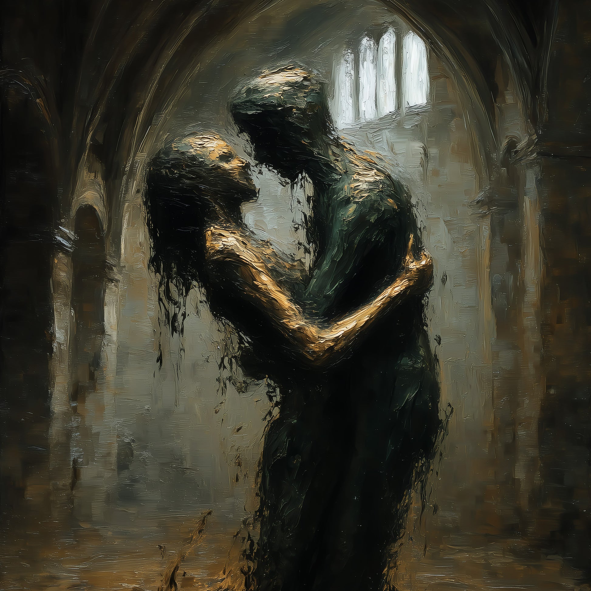 Gothic art print showing two figures embracing in dark cathedral with golden light through arched windows