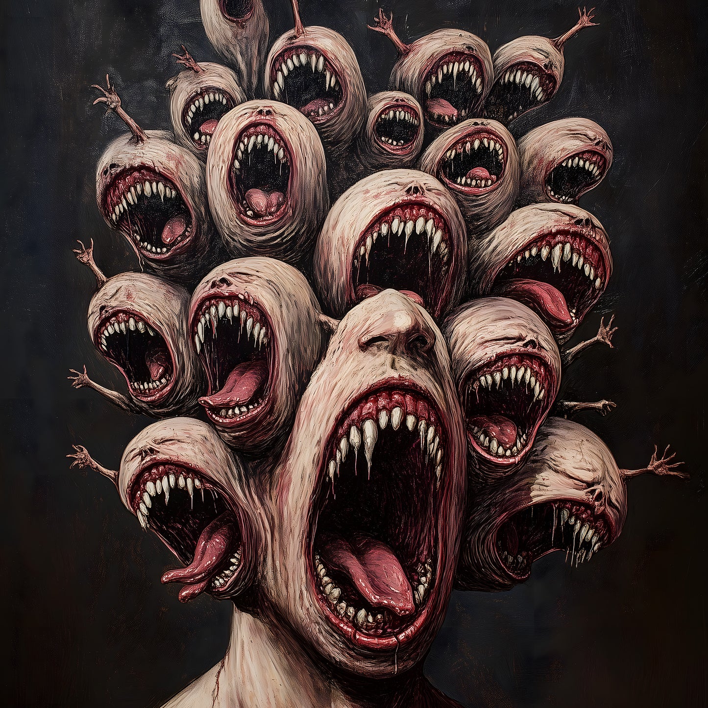 Moody Multi-Headed Monster Print - Creepy Dark Art Poster - Surreal Gory Wall Art