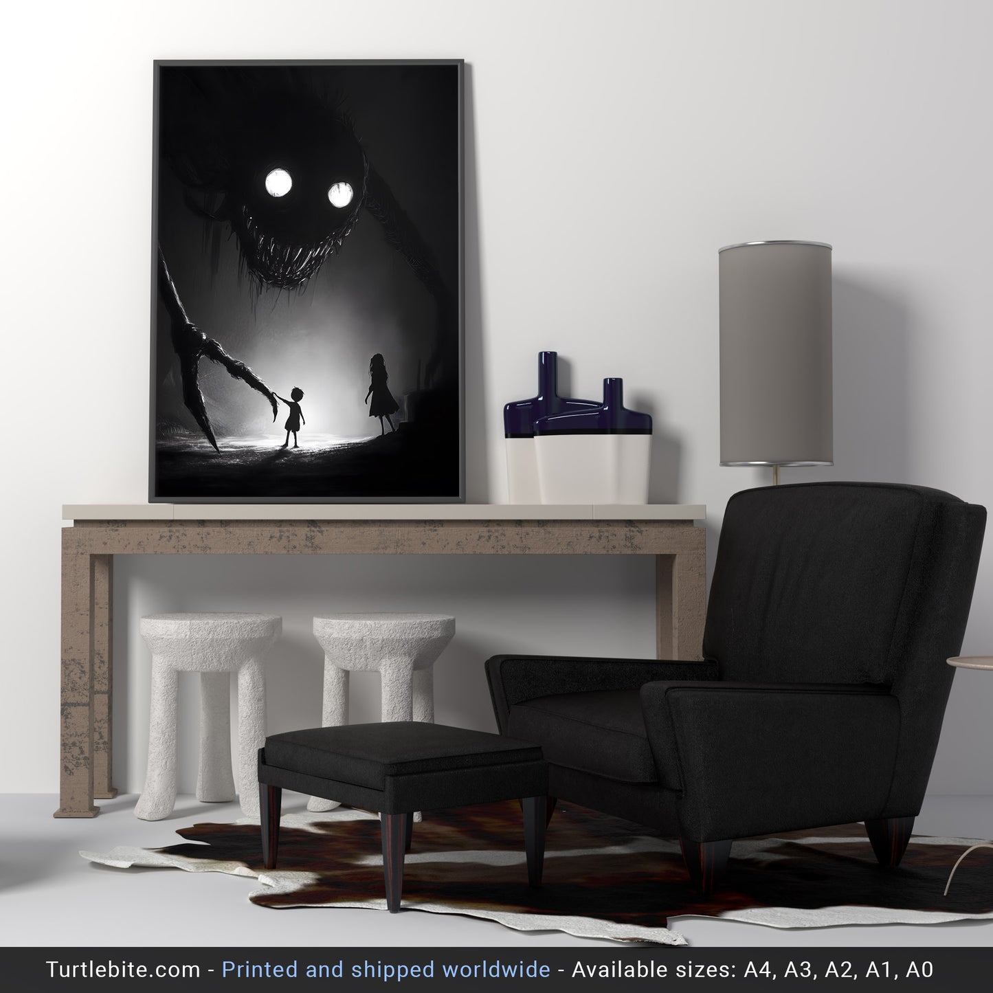 Mysterious Kids Playing with Monster Illustration Poster - Nightmare Large Wall Art - Witchy Frightening Prints