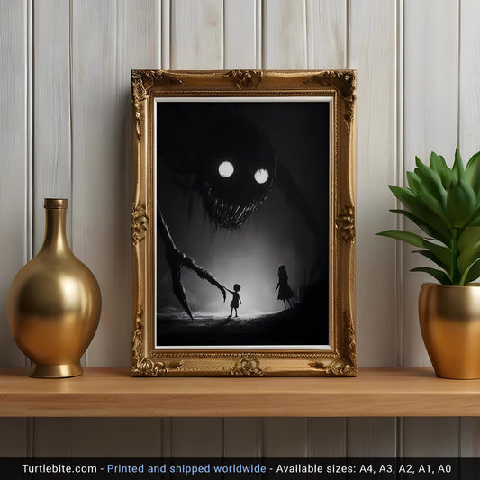 Mysterious Kids Playing with Monster Illustration Poster - Nightmare Large Wall Art - Witchy Frightening Prints