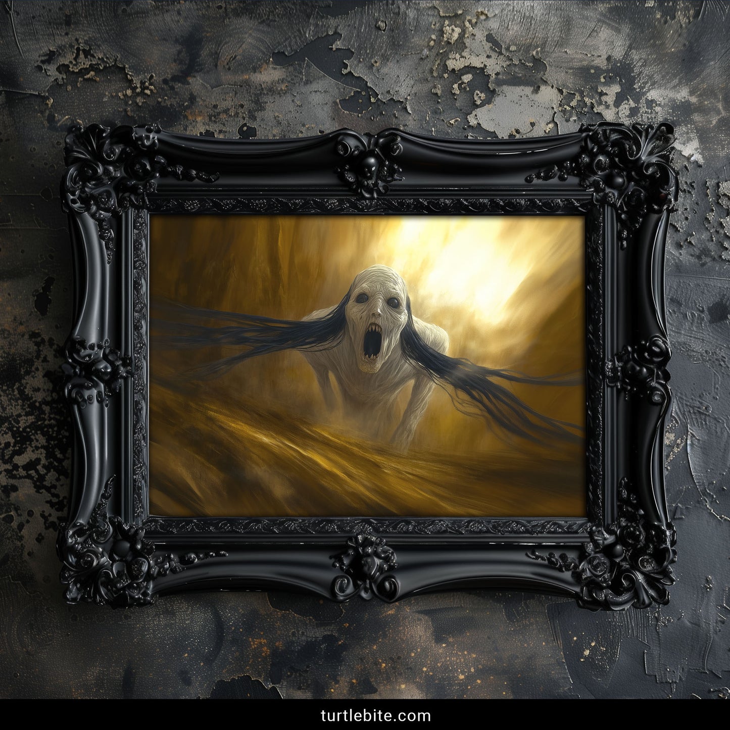 Gothic nightmare wall art featuring haunting ghostly entity with open mouth in atmospheric golden tones