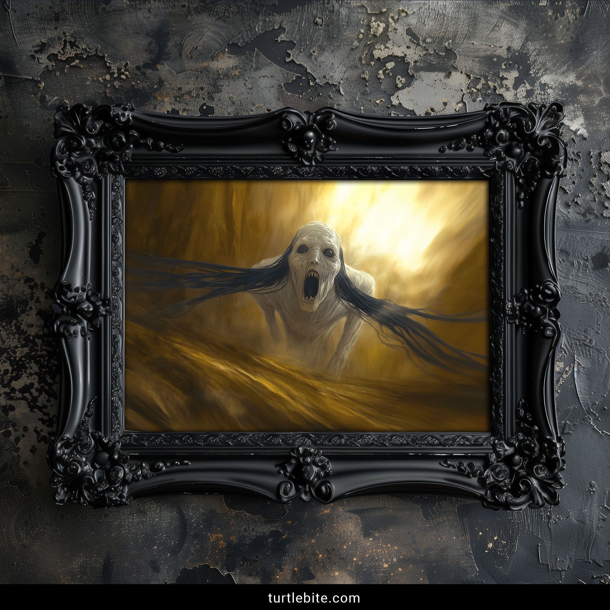 Gothic nightmare wall art featuring haunting ghostly entity with open mouth in atmospheric golden tones