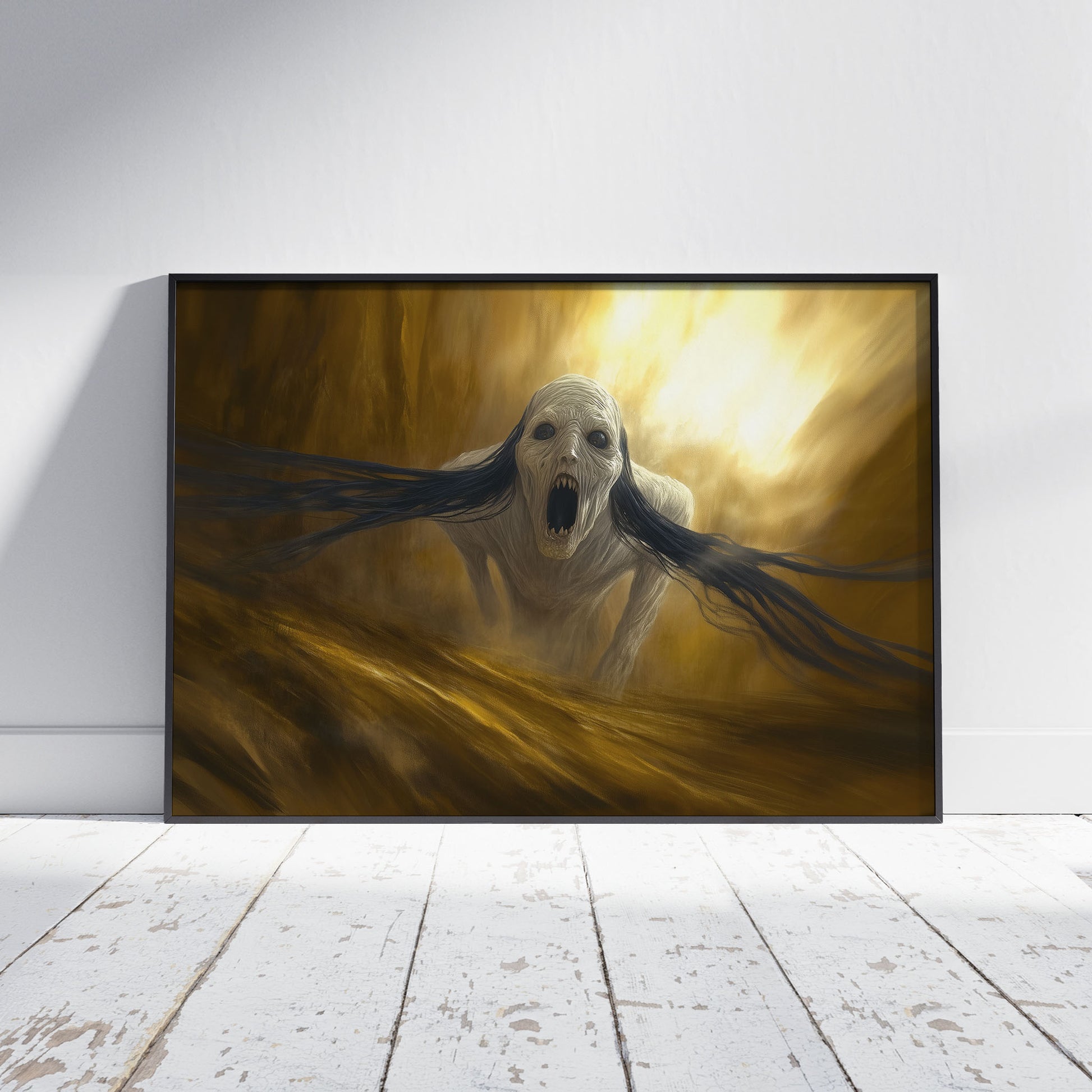 Pale screaming creature with flowing black hair emerging from golden mist in dark fantasy horror art print