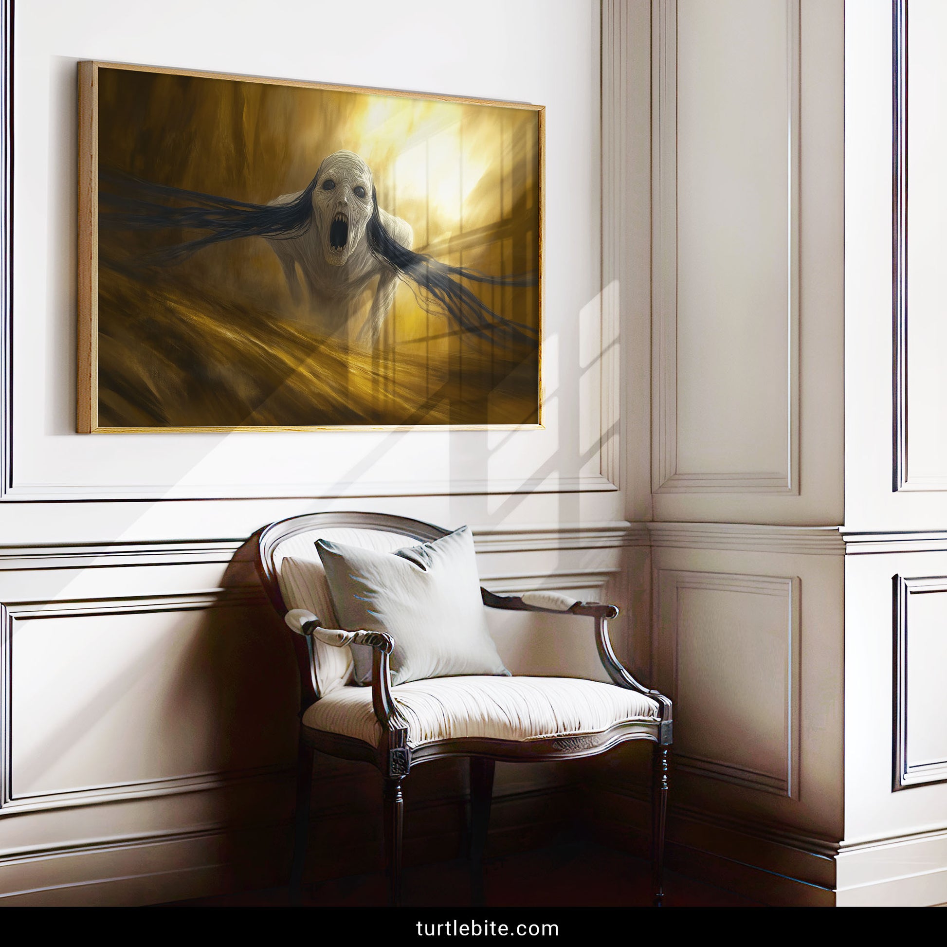 Dark surreal horror poster showing ethereal monster screaming in macabre artistic style