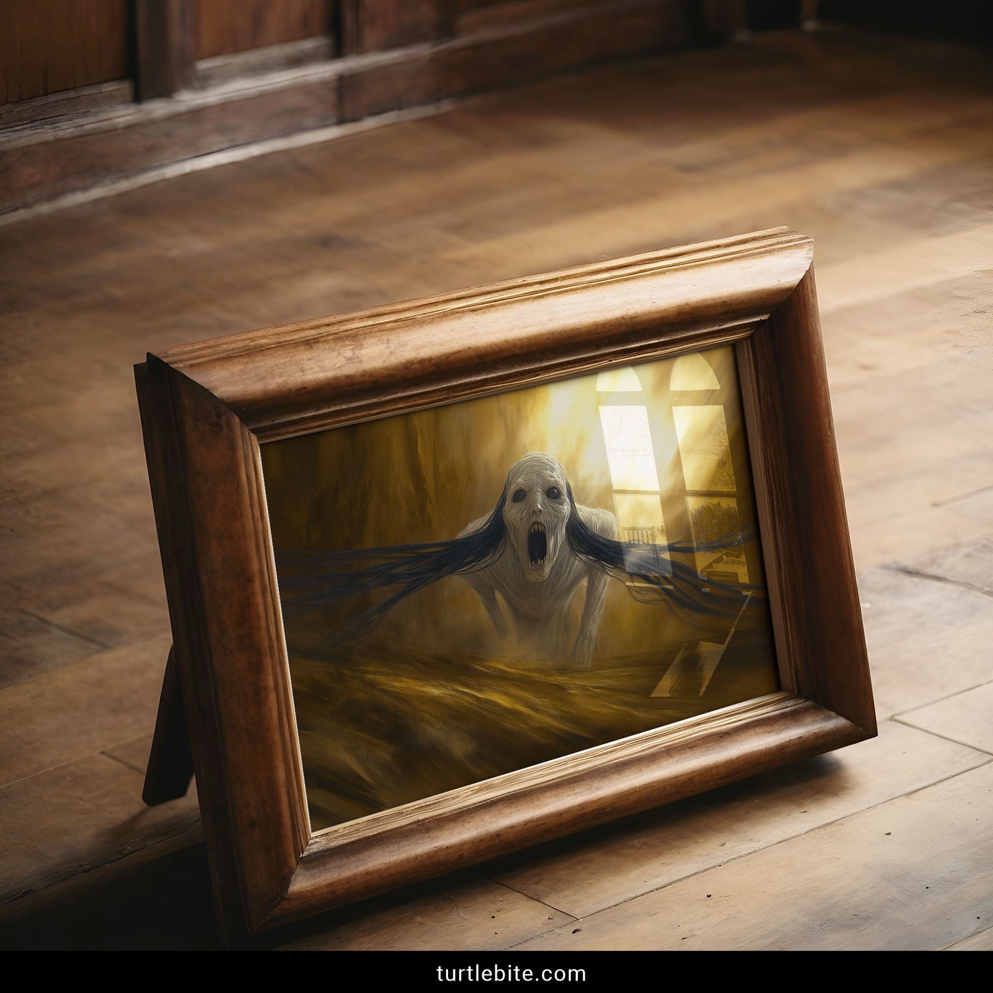 Alternative home decor nightmare art with creepy pale figure in golden haunting atmosphere