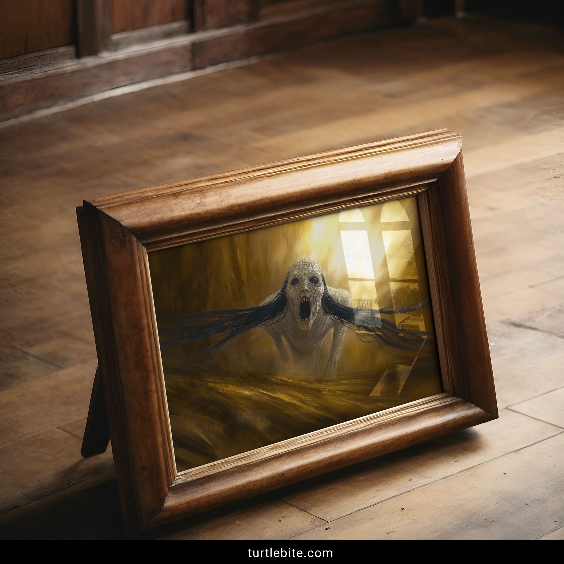 Alternative home decor nightmare art with creepy pale figure in golden haunting atmosphere