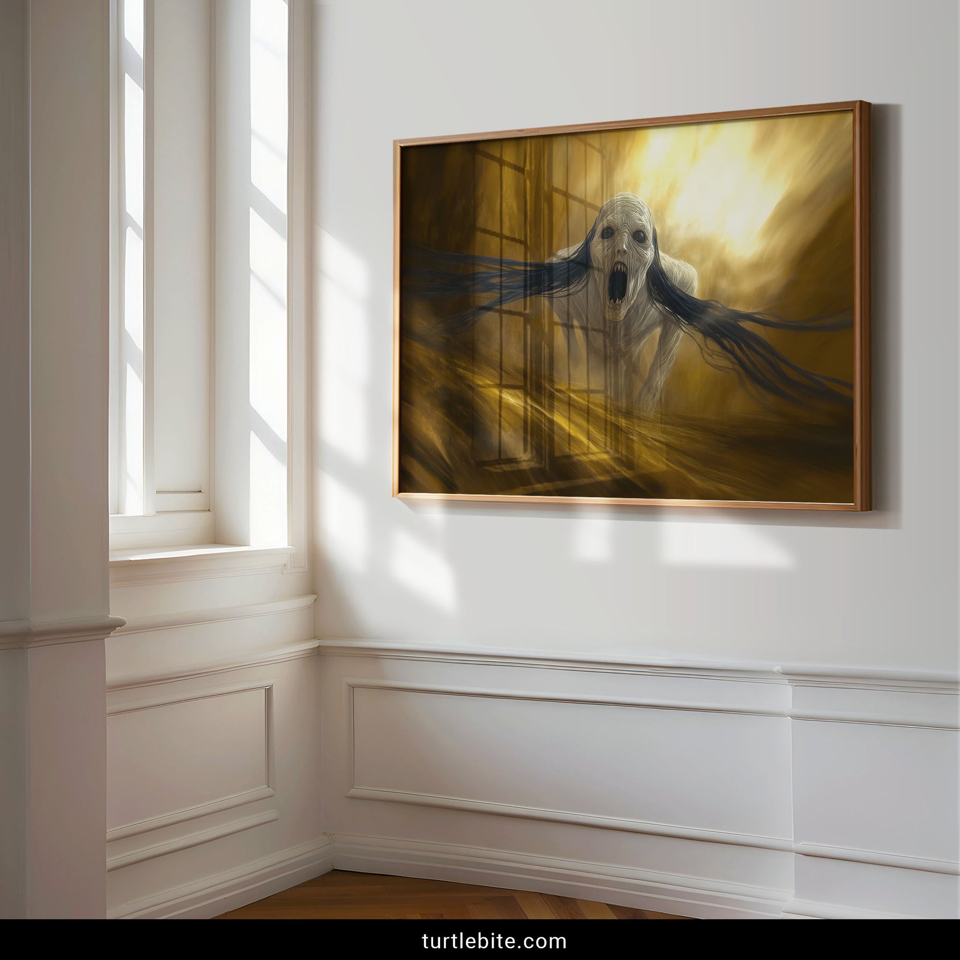 Macabre wall art print of terrifying spectral creature with dramatic lighting for gothic interior