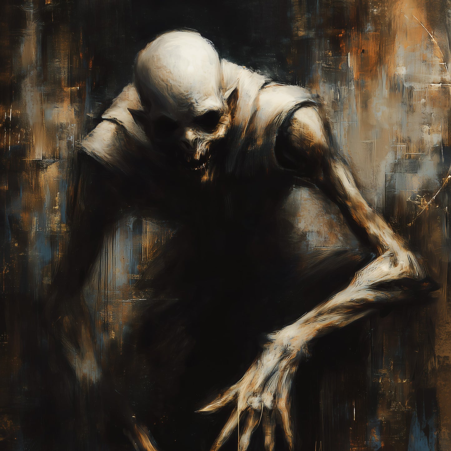 Nosferatu vampire gothic horror poster with gaunt figure and clawed hands in dark amber tones