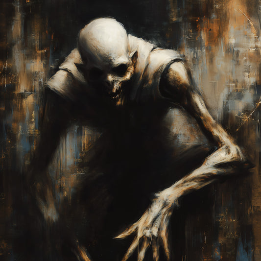 Nosferatu vampire gothic horror poster with gaunt figure and clawed hands in dark amber tones