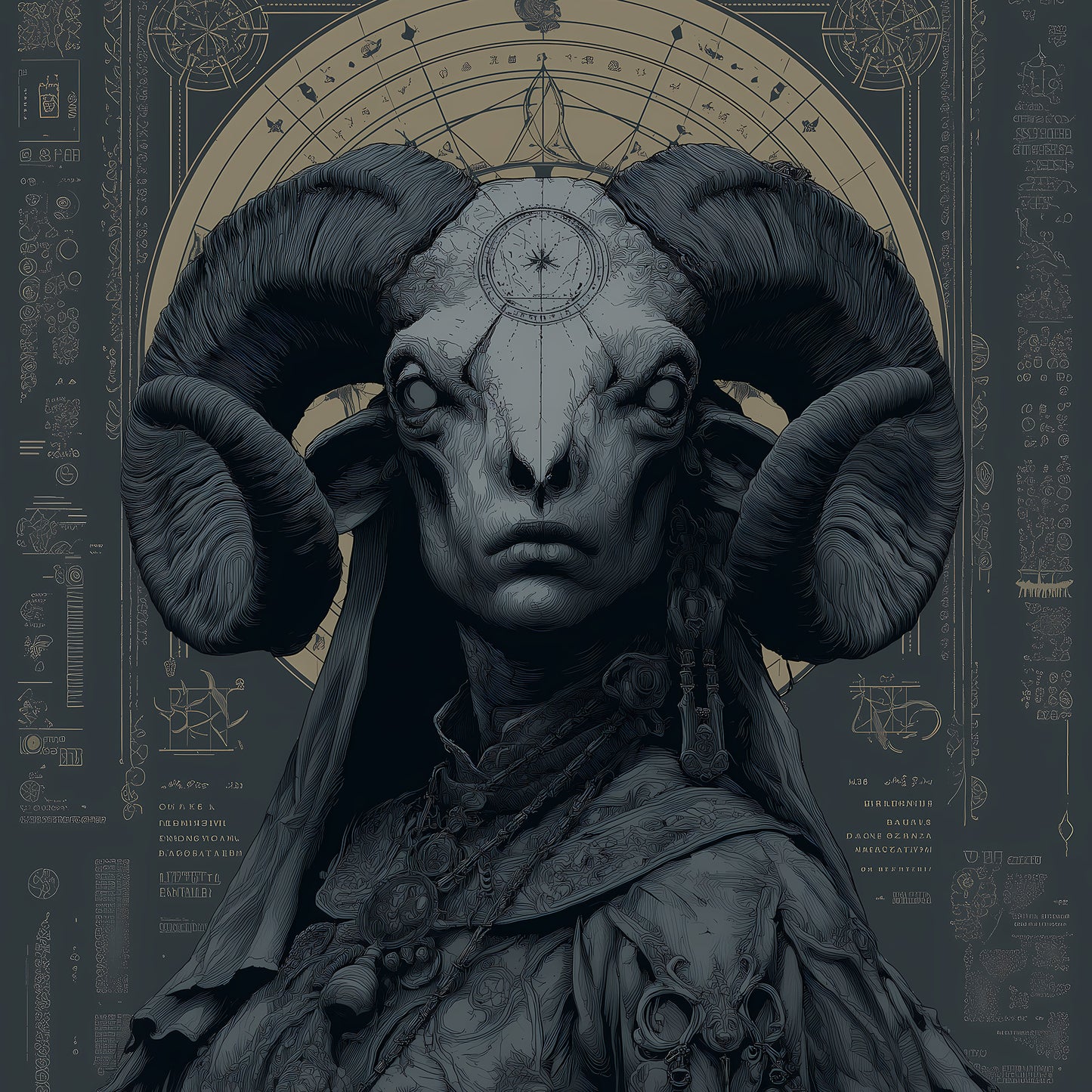 Occult poster featuring ram skull with baroque celestial symbols and mysterious astronomical charts in teal and gold