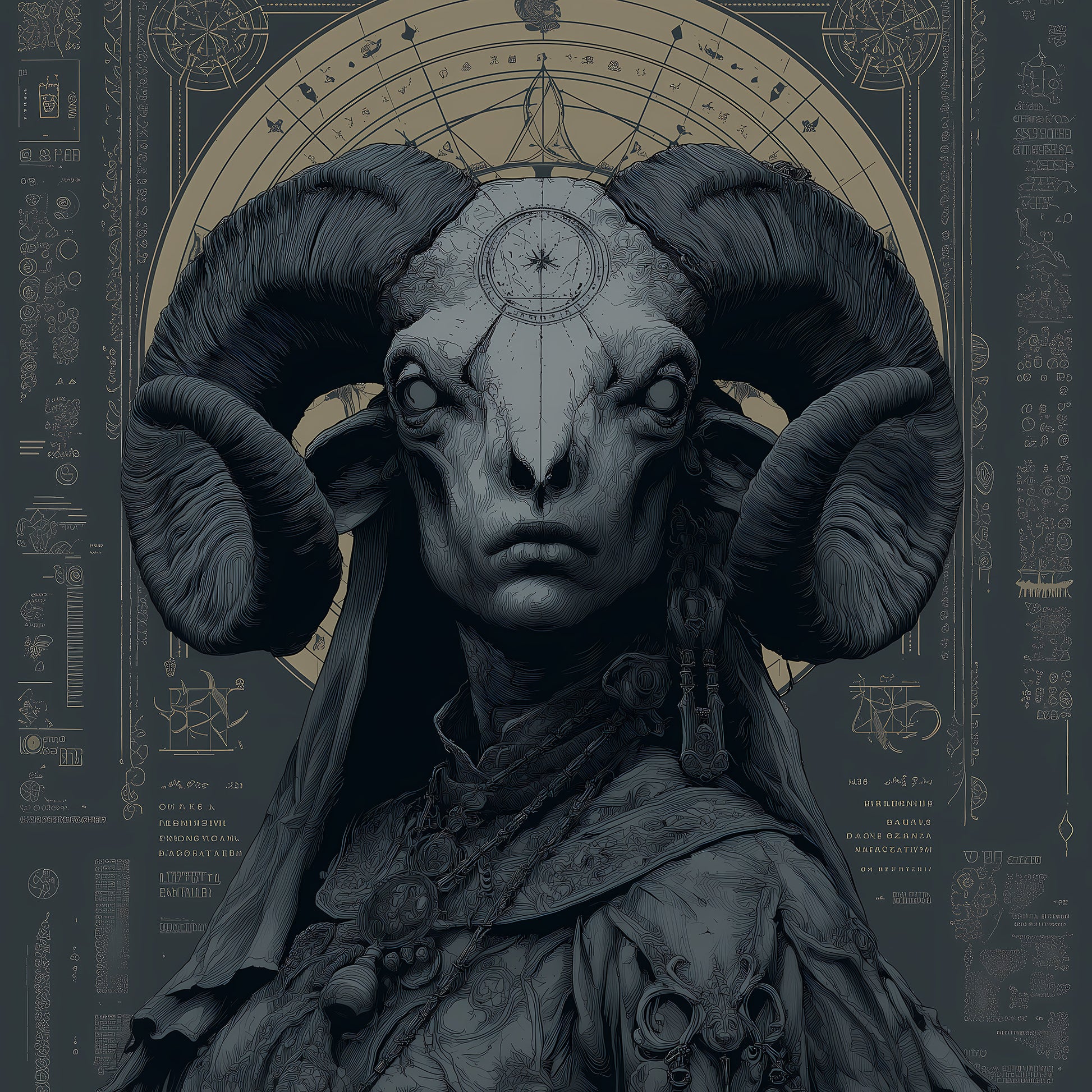 Occult poster featuring ram skull with baroque celestial symbols and mysterious astronomical charts in teal and gold