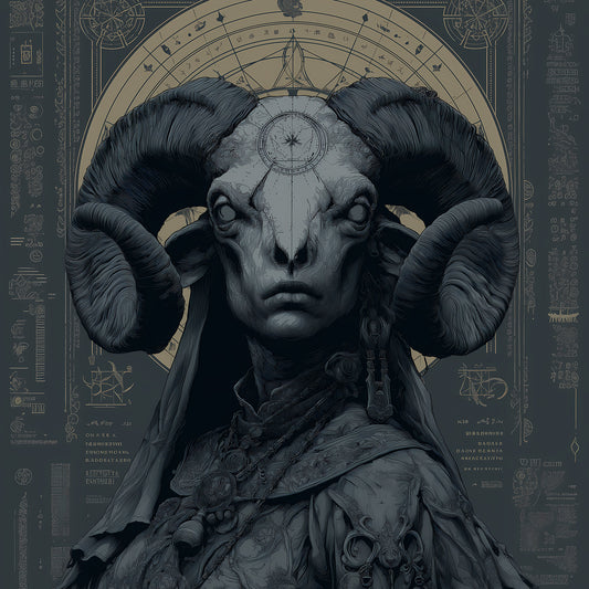 Occult poster featuring ram skull with baroque celestial symbols and mysterious astronomical charts in teal and gold