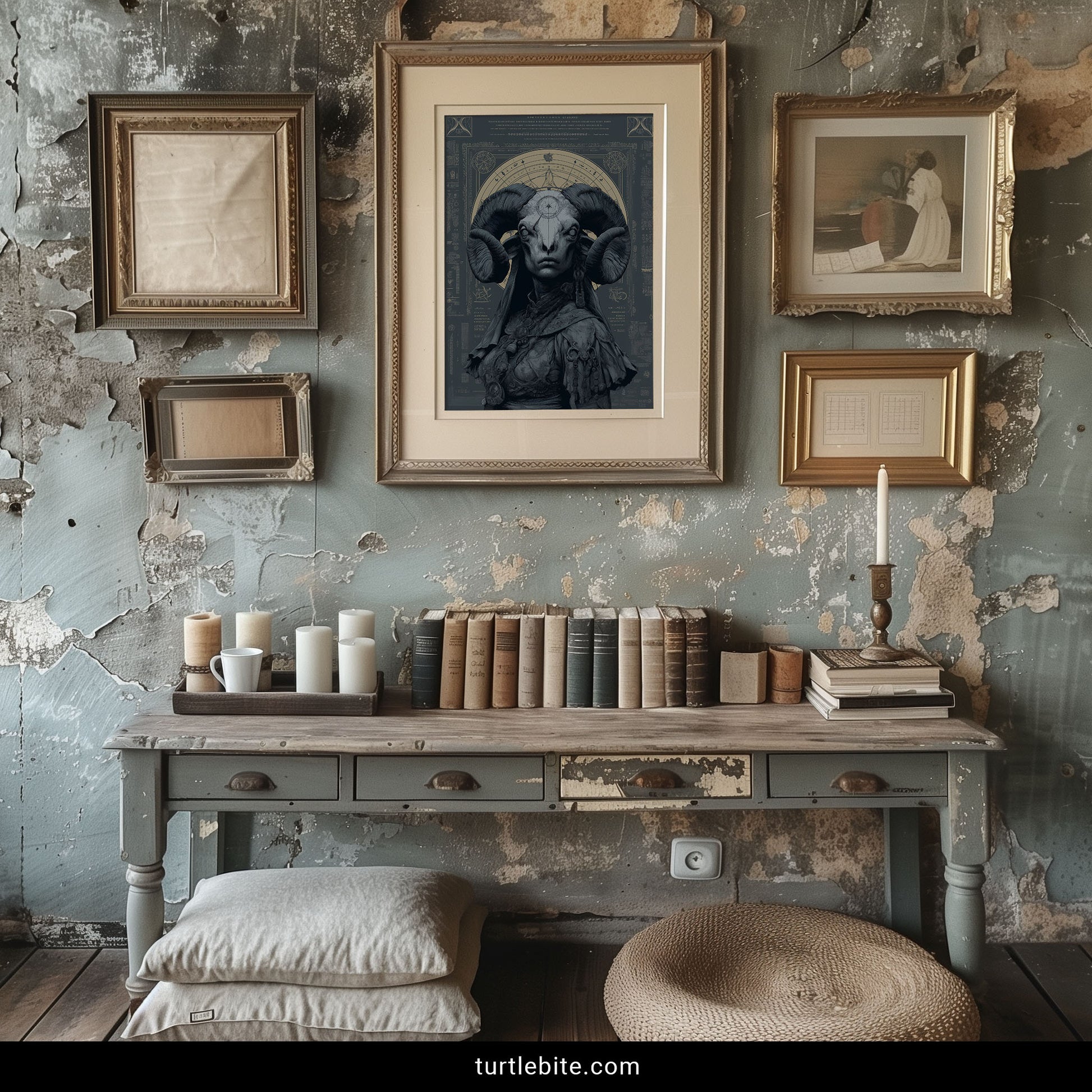 Surreal horror poster with occult ram deity design featuring ornate astronomical charts and mystical symbols