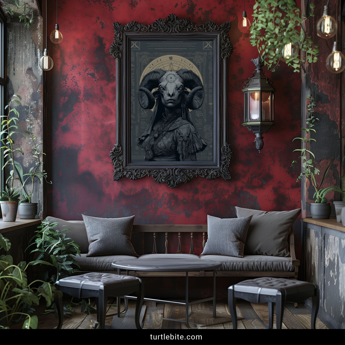 Dark academia wall art showing baroque ram skull illustration with intricate celestial and esoteric imagery