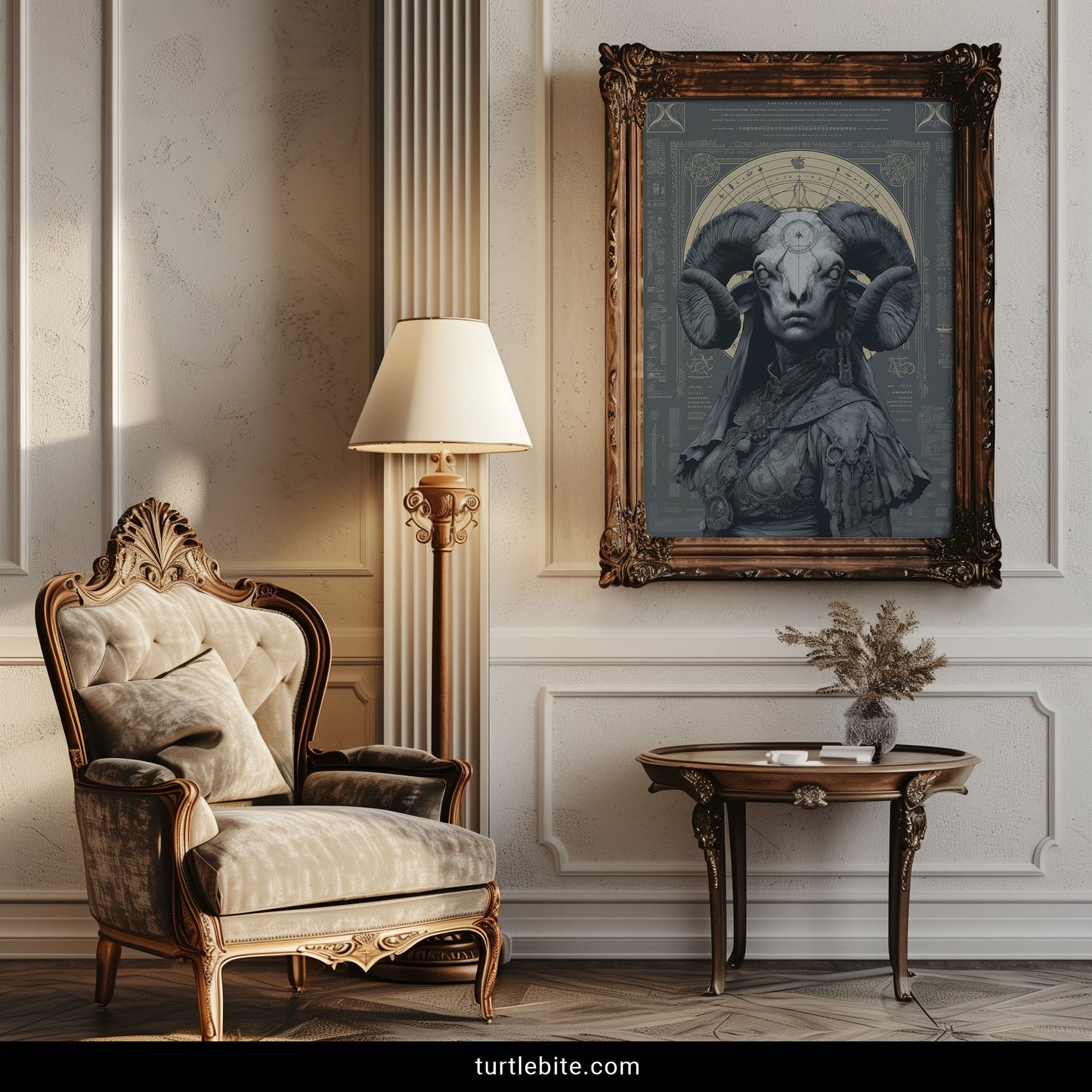 Surreal horror poster with occult ram deity design featuring ornate astronomical charts and mystical symbols