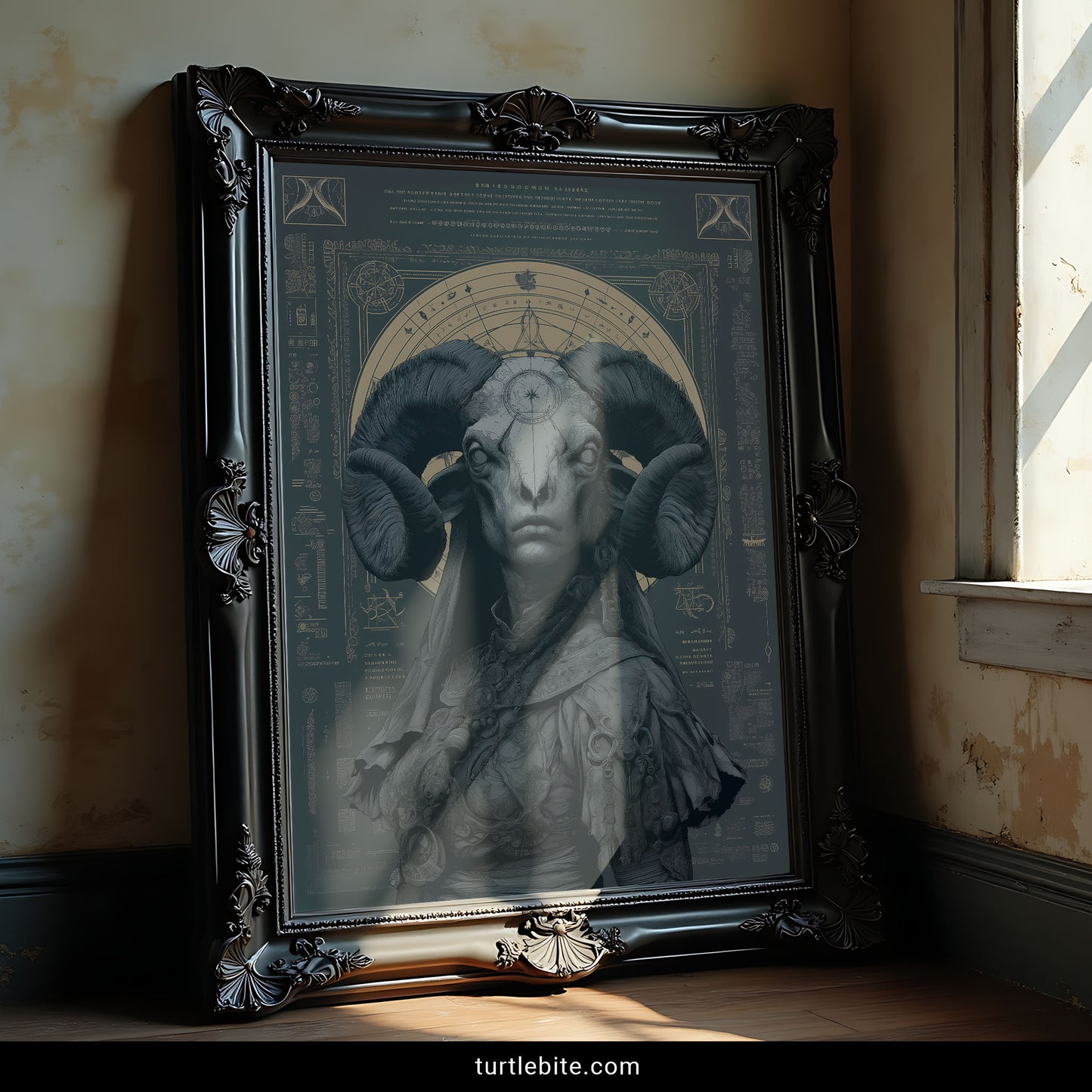 Gothic art print of human figure with ram horns surrounded by vintage occult diagrams and arcane symbolism