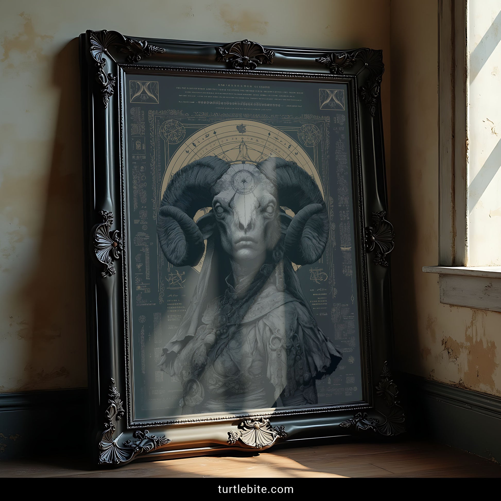 Gothic art print of human figure with ram horns surrounded by vintage occult diagrams and arcane symbolism