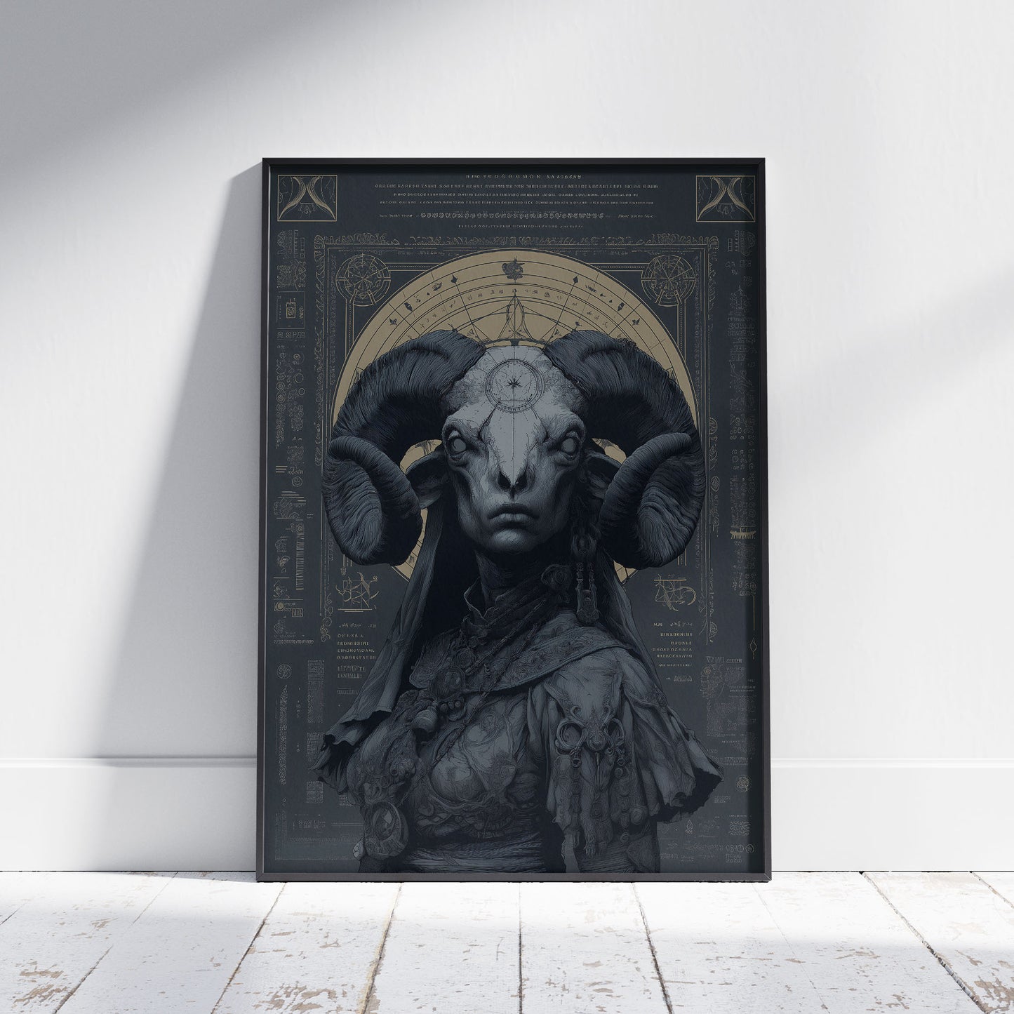 Occult poster featuring ram skull with baroque celestial symbols and mysterious astronomical charts in teal and gold