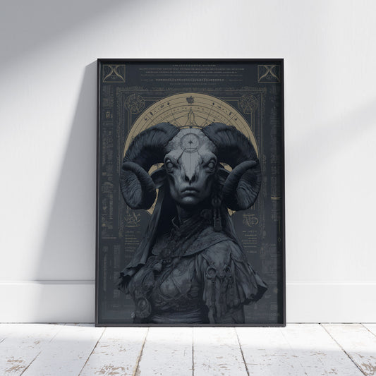 Occult poster featuring ram skull with baroque celestial symbols and mysterious astronomical charts in teal and gold