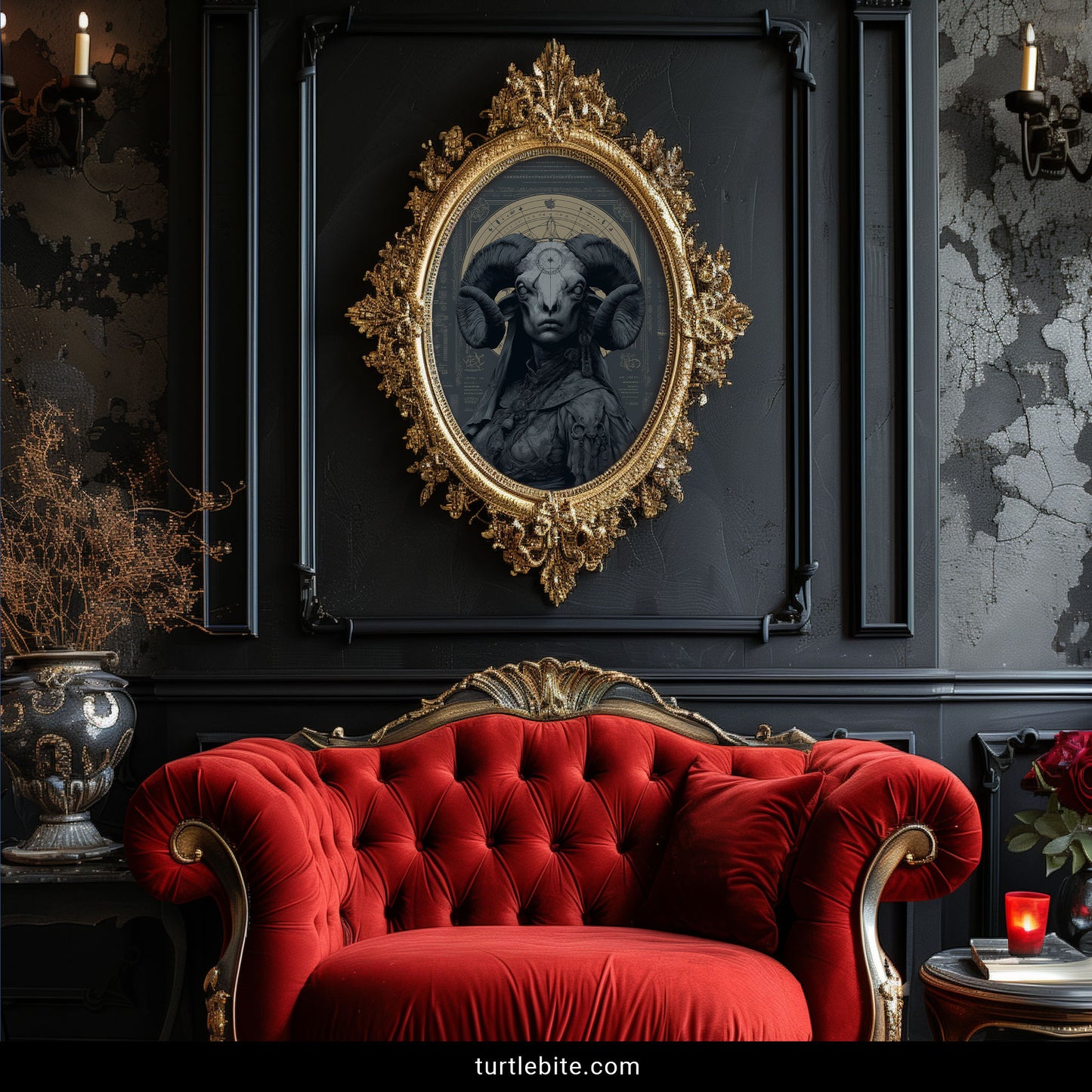 Mysterious occult decor print blending human and ram skull with vintage celestial maps and baroque ornamentation