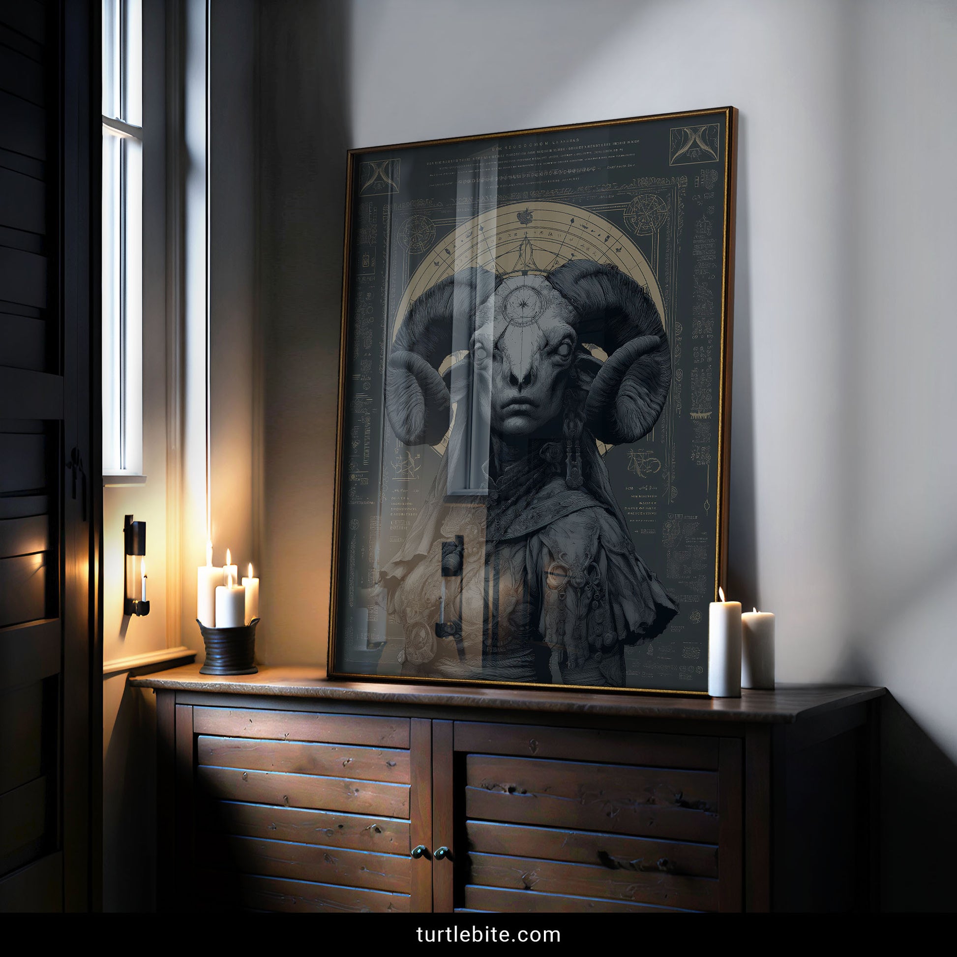 Mysterious occult decor print blending human and ram skull with vintage celestial maps and baroque ornamentation
