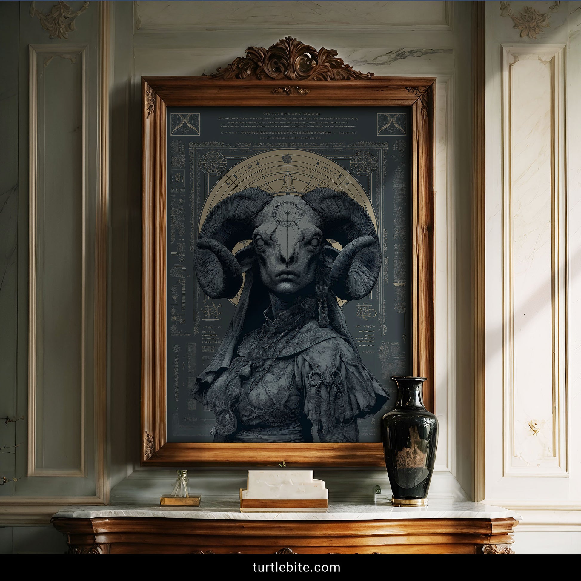 Gothic art print of human figure with ram horns surrounded by vintage occult diagrams and arcane symbolism
