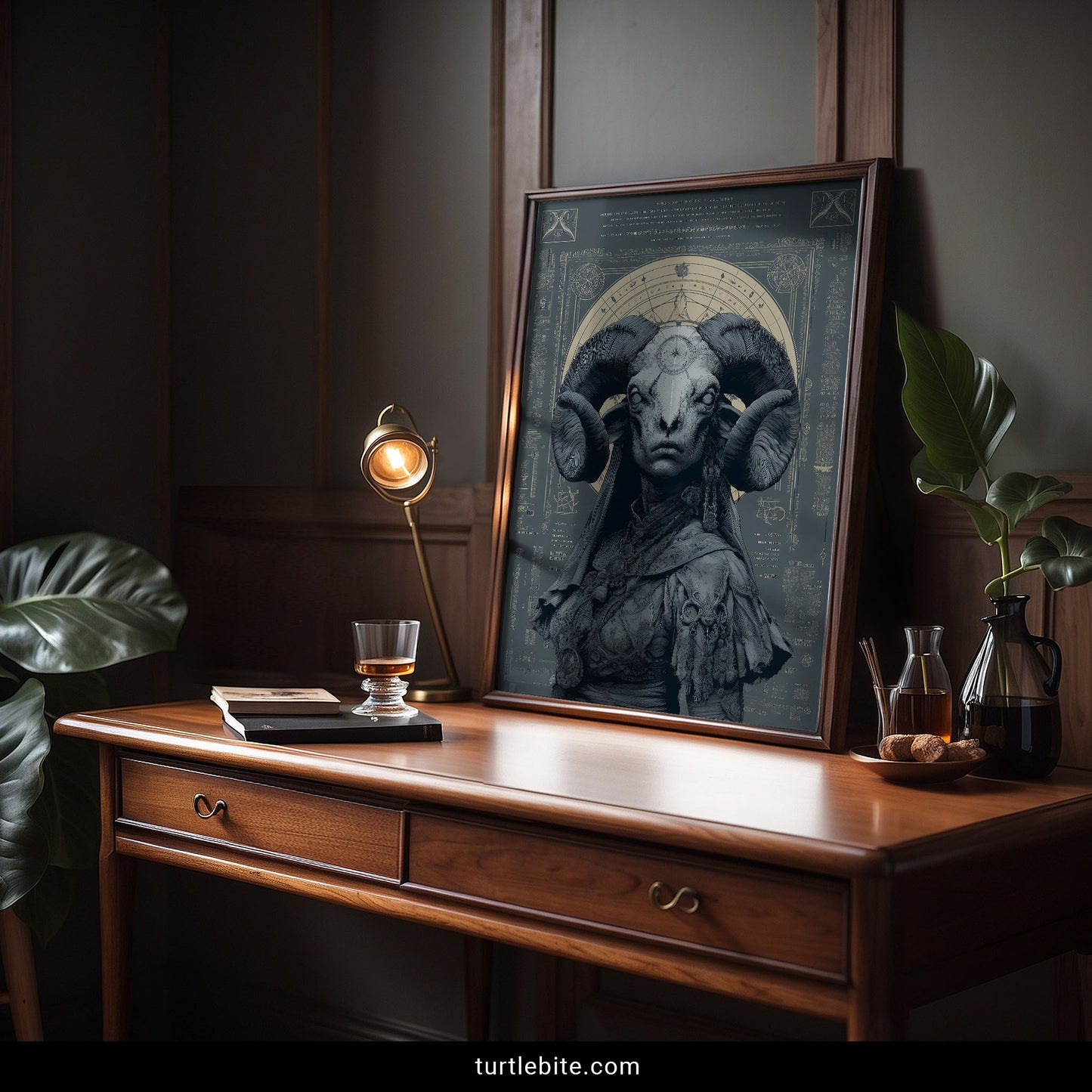 Dark academia wall art showing baroque ram skull illustration with intricate celestial and esoteric imagery